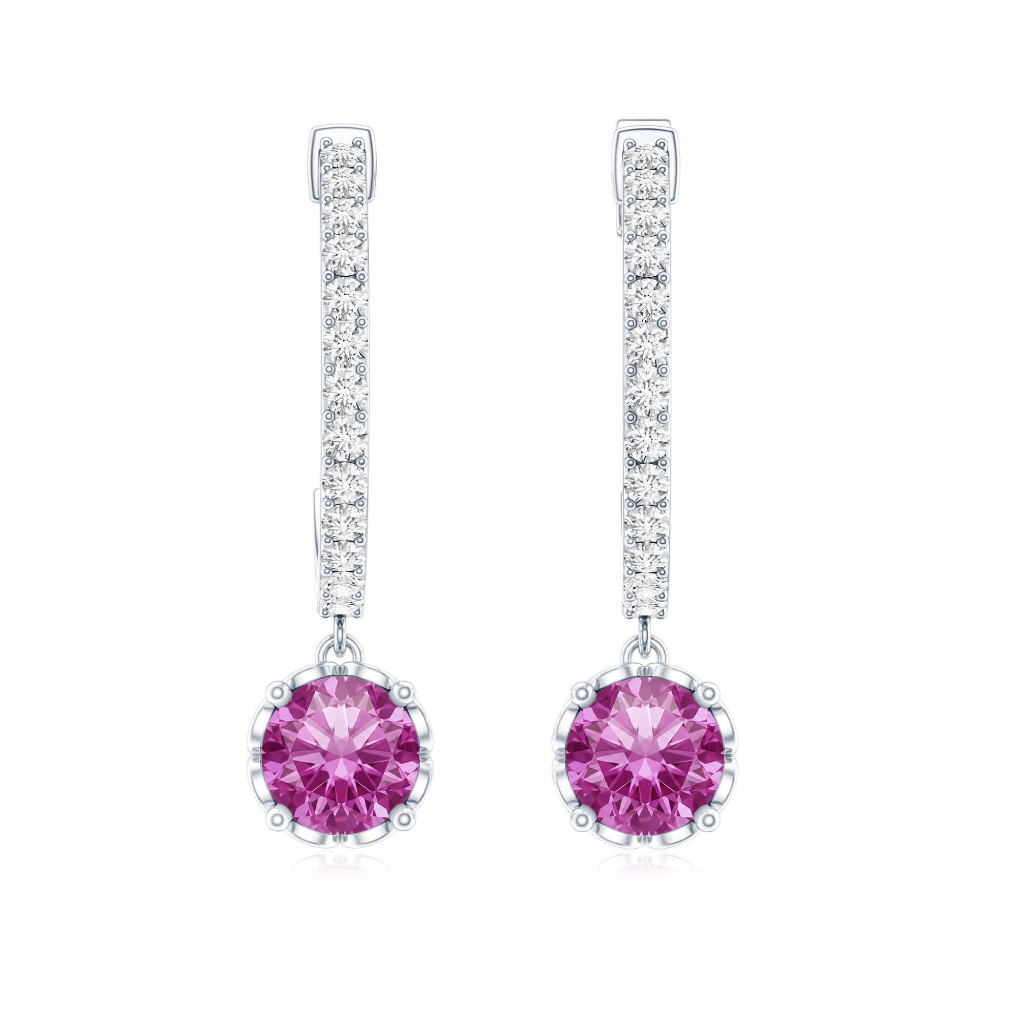 Lab Created Pink Sapphire and Diamond Hoop Drop Earrings AAAA - Rosec Jewels
