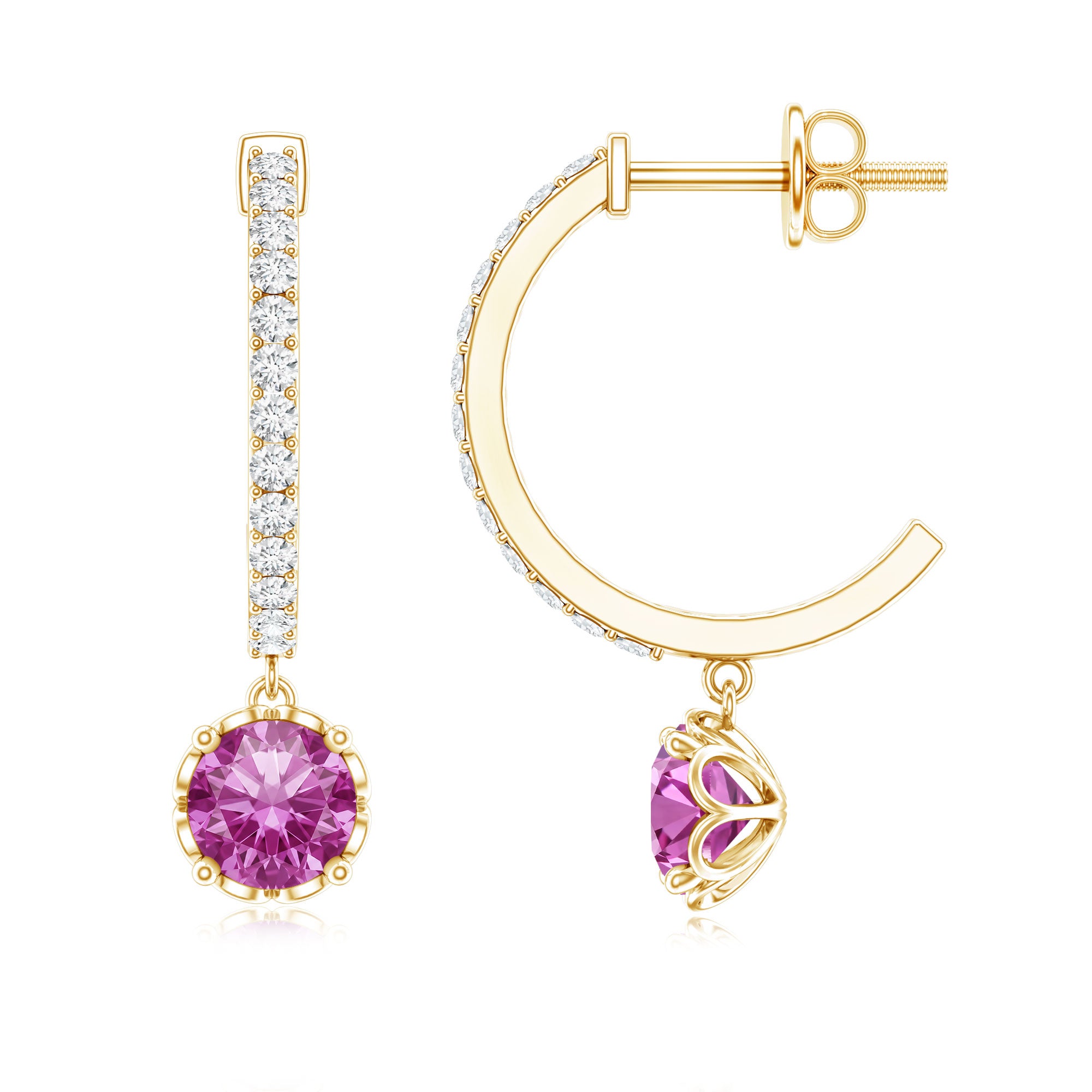 Lab Created Pink Sapphire and Diamond Hoop Drop Earrings AAAA - Rosec Jewels