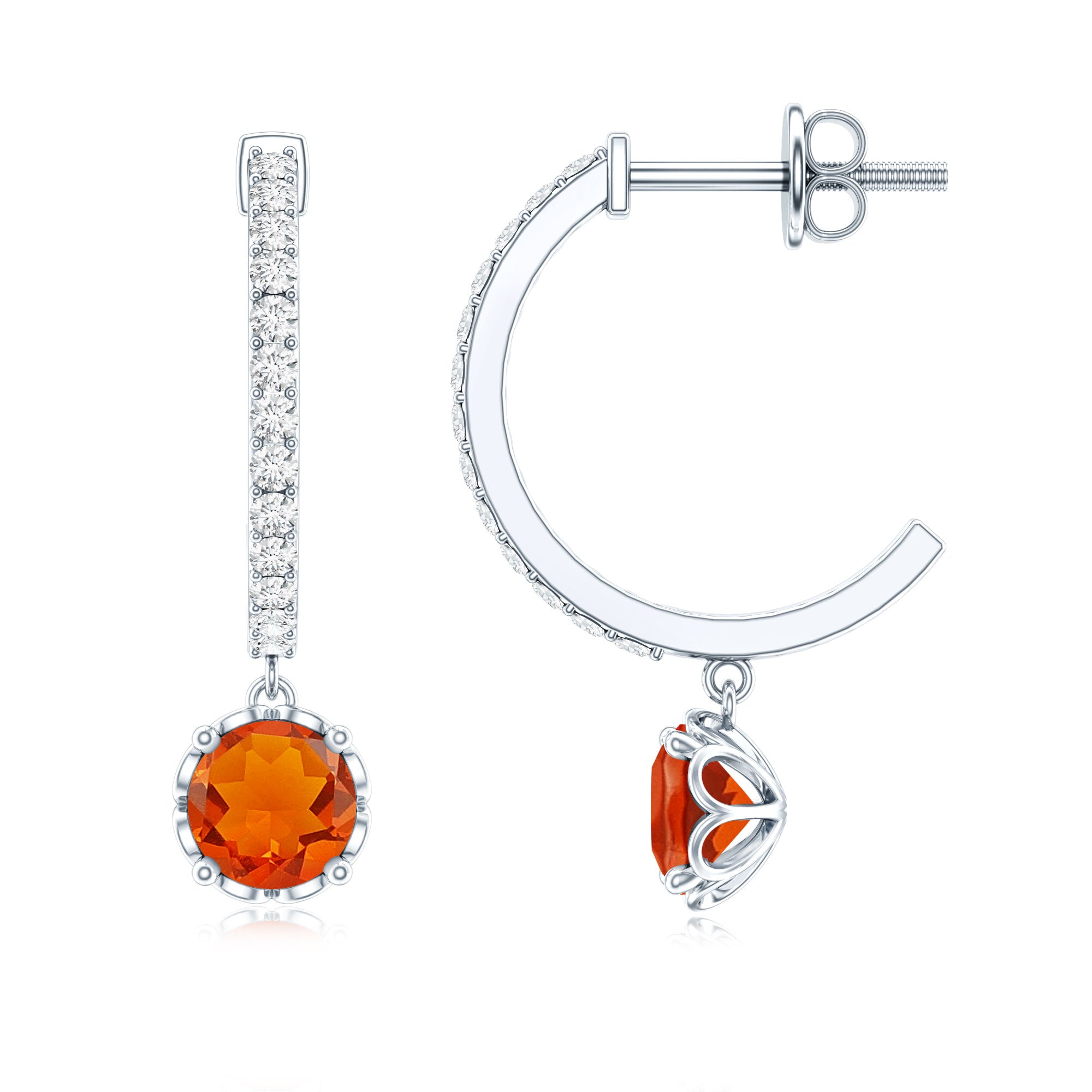 Certified Real Fire Opal Drop Hoop Earrings with Diamond AAA - Rosec Jewels