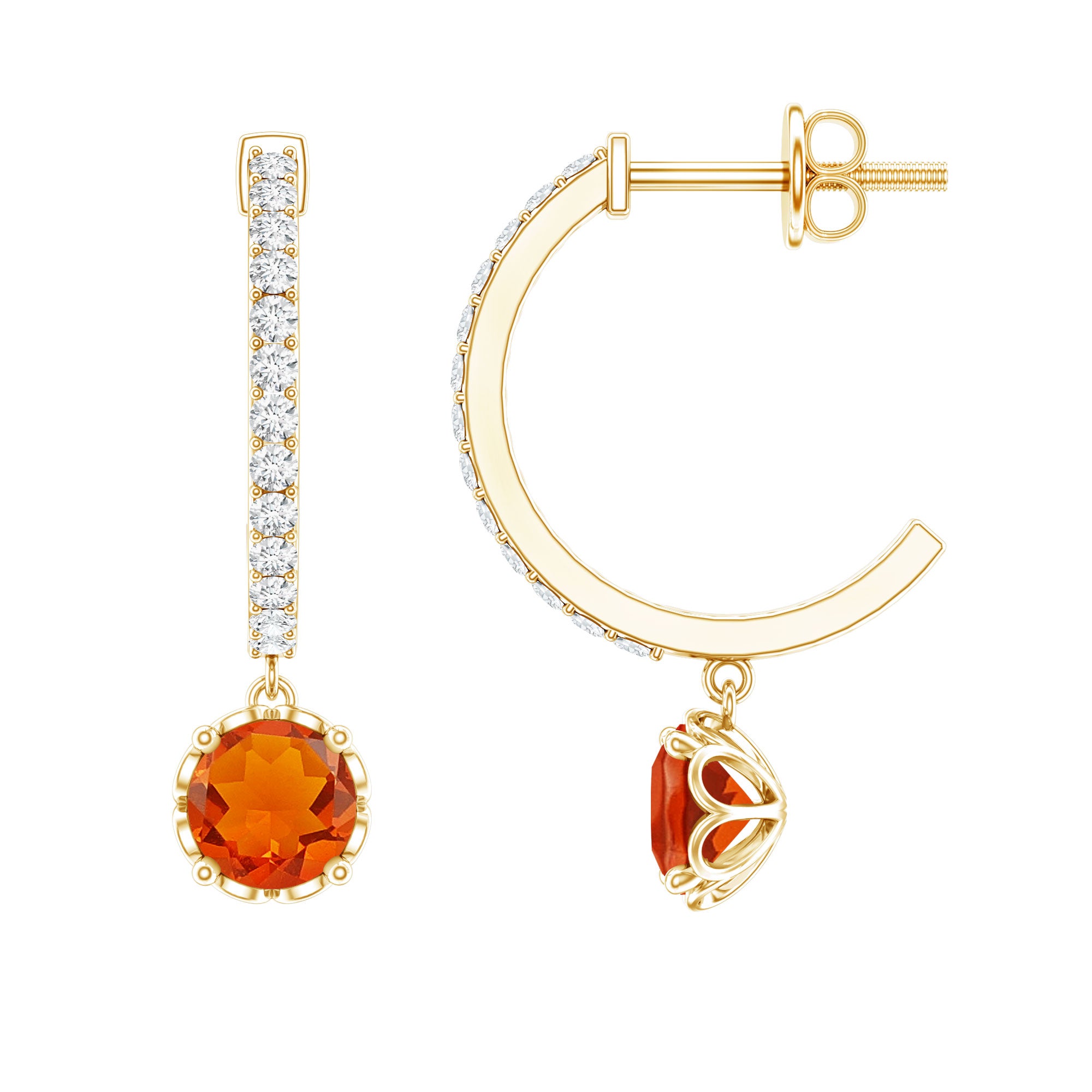 Certified Real Fire Opal Drop Hoop Earrings with Diamond AAA - Rosec Jewels