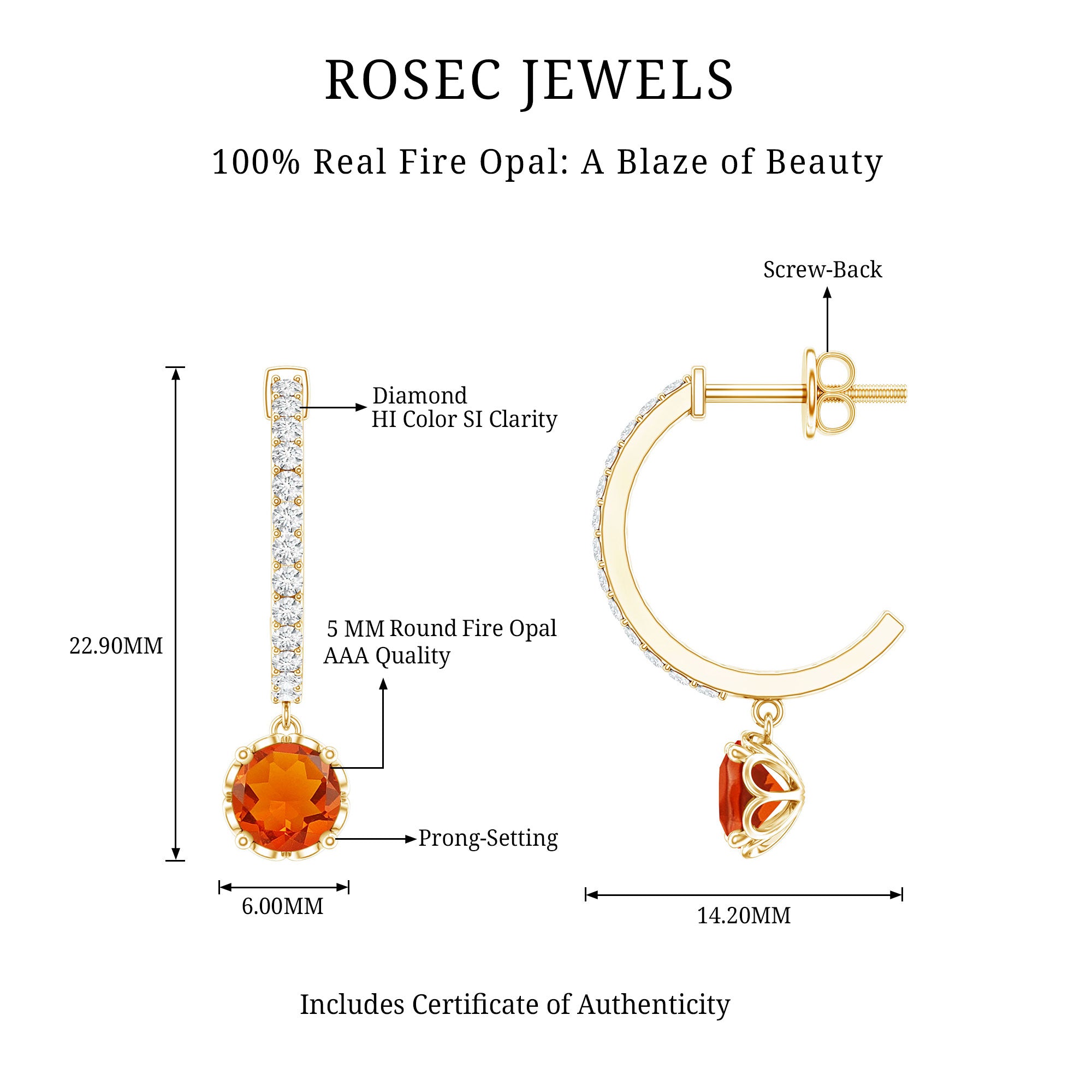 Certified Real Fire Opal Drop Hoop Earrings with Diamond AAA - Rosec Jewels