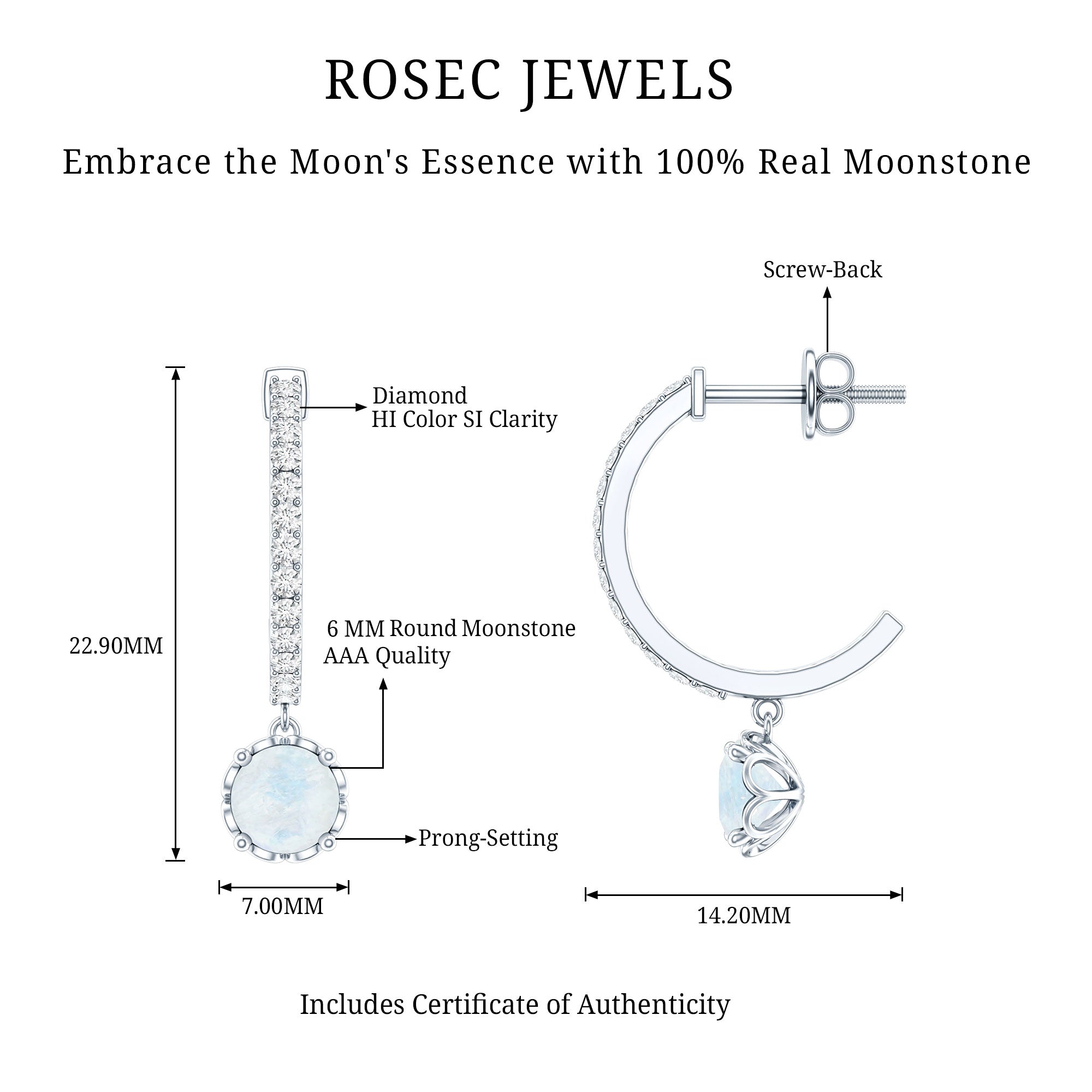 Natural Moonstone Drop Earrings with Diamond Hoop AAA - Rosec Jewels
