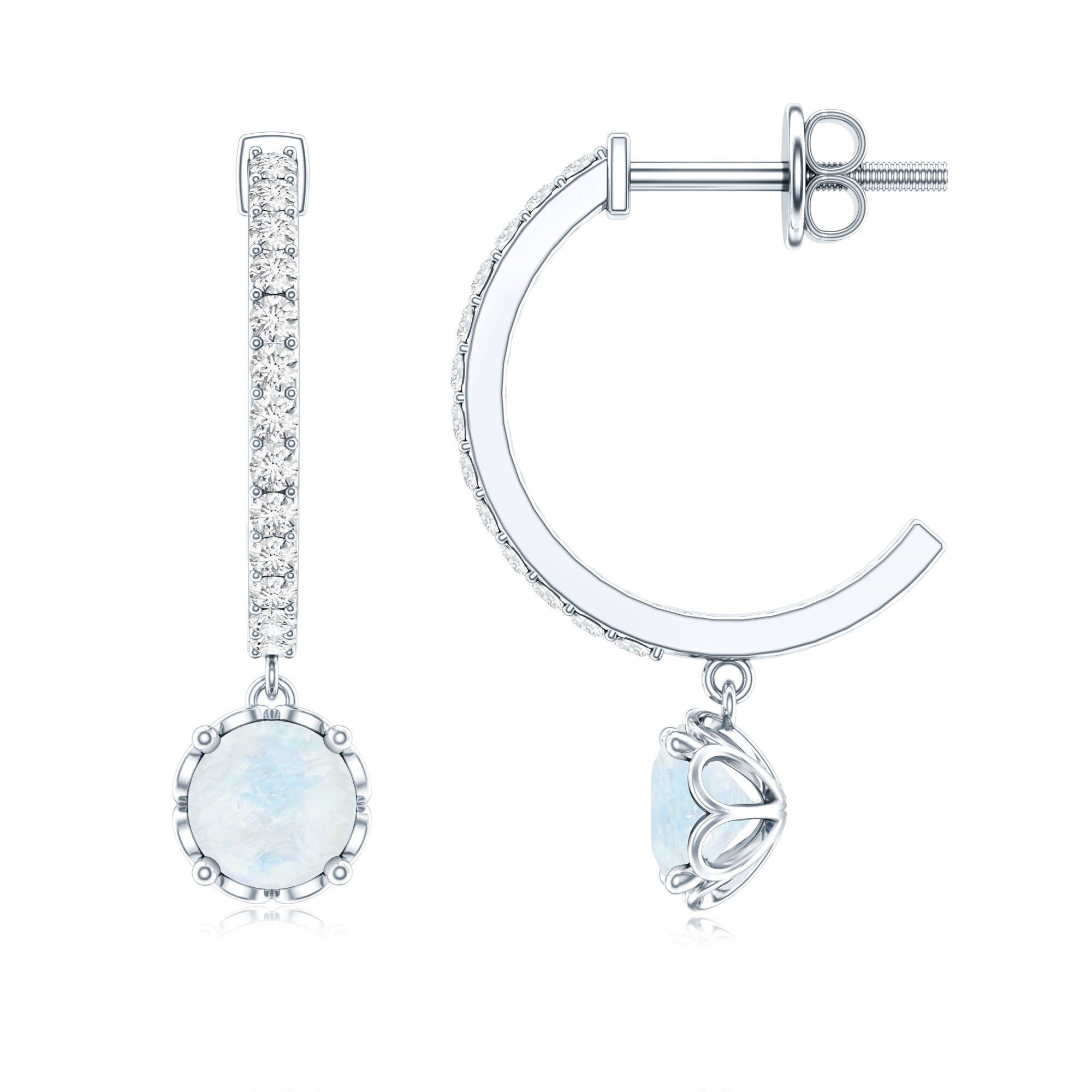 Natural Moonstone Drop Earrings with Diamond Hoop AAA - Rosec Jewels