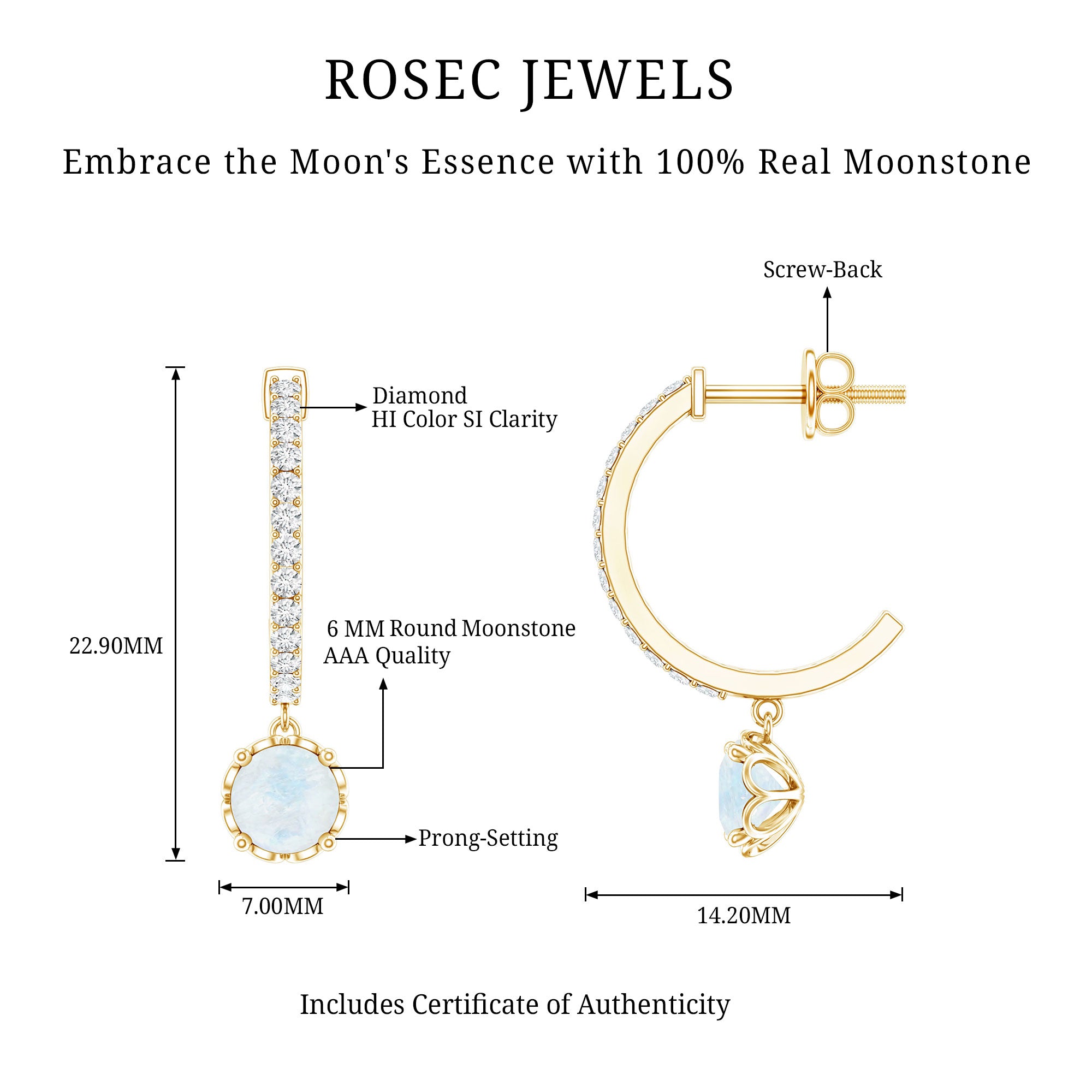 Natural Moonstone Drop Earrings with Diamond Hoop AAA - Rosec Jewels