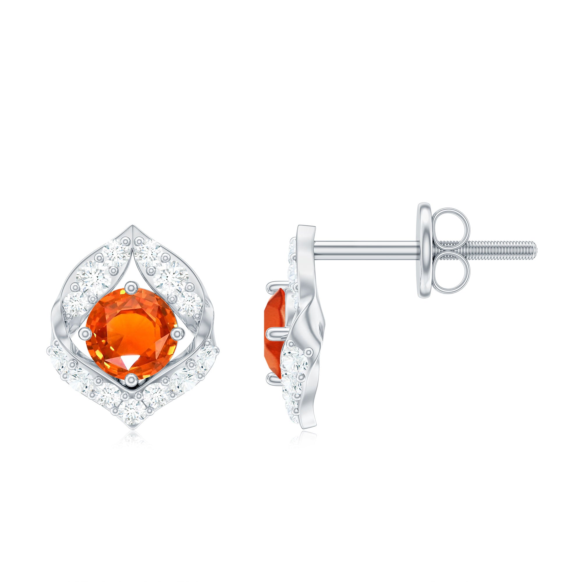 Designer Lab Grown Orange Sapphire Stud Earrings with Diamond