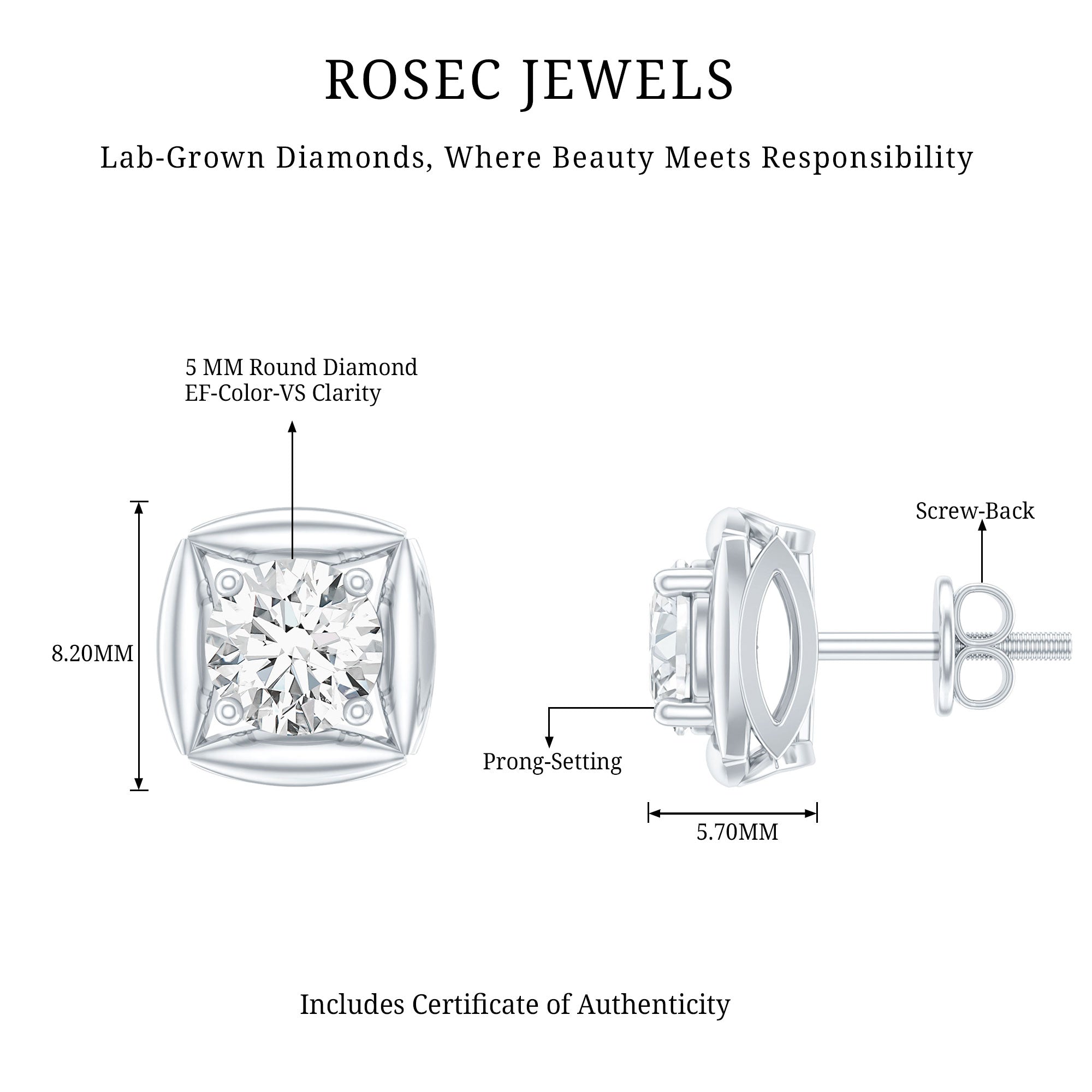 5 MM Round Lab Grown Diamond Stud Earrings With Screw Back Lab - ( EF-VS ) - Rosec Jewels