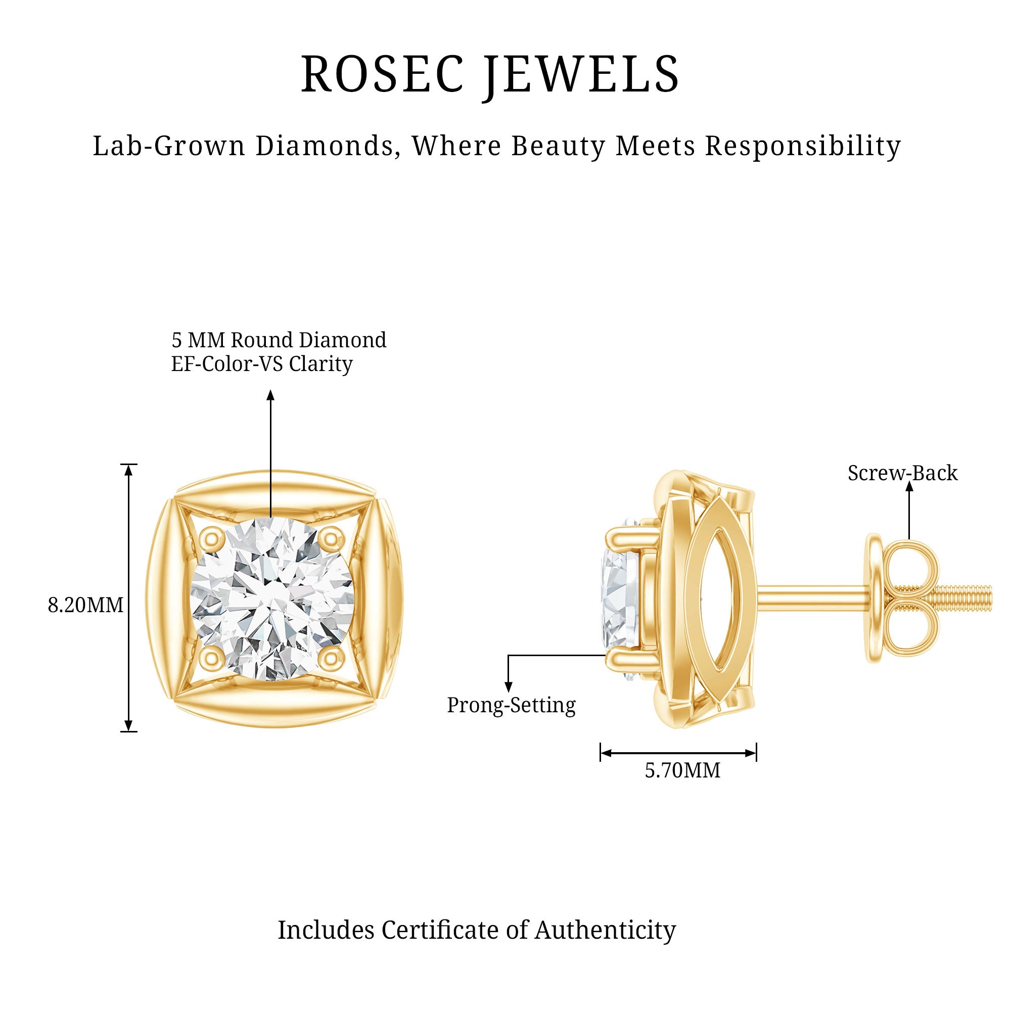 5 MM Round Lab Grown Diamond Stud Earrings With Screw Back Lab - ( EF-VS ) - Rosec Jewels