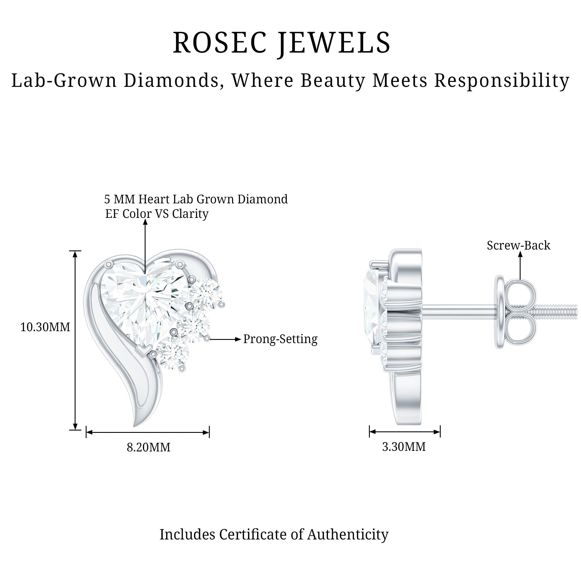 Heart Shape Lab Grown Diamond Minimal Stud Earrings with Screw Back Lab - ( EF-VS ) - Rosec Jewels