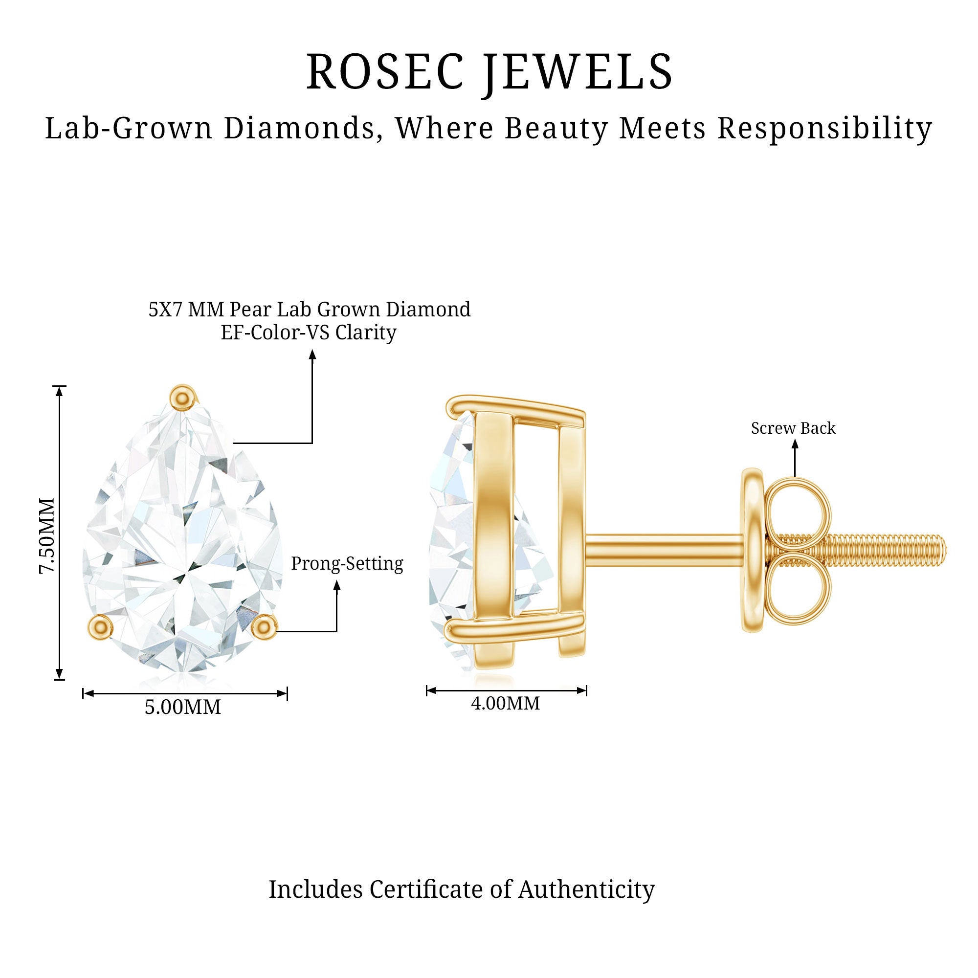 Pear Shape Lab Grown Diamond Solitaire Stud Earrings Lab - ( EF-VS ) - Rosec Jewels