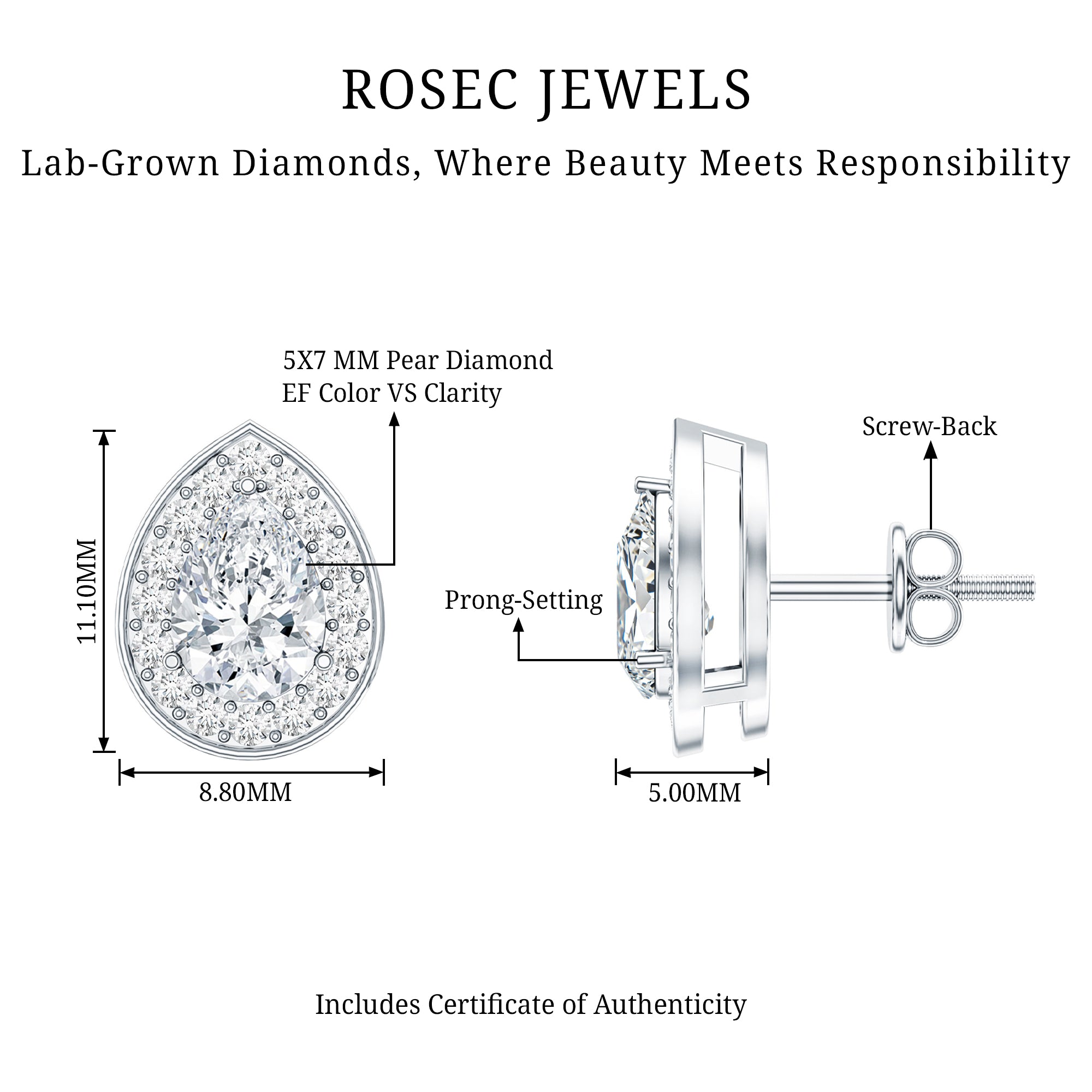 Pear Shape Lab Grown Diamond Classic Halo Stud Earrings Lab - ( EF-VS ) - Rosec Jewels