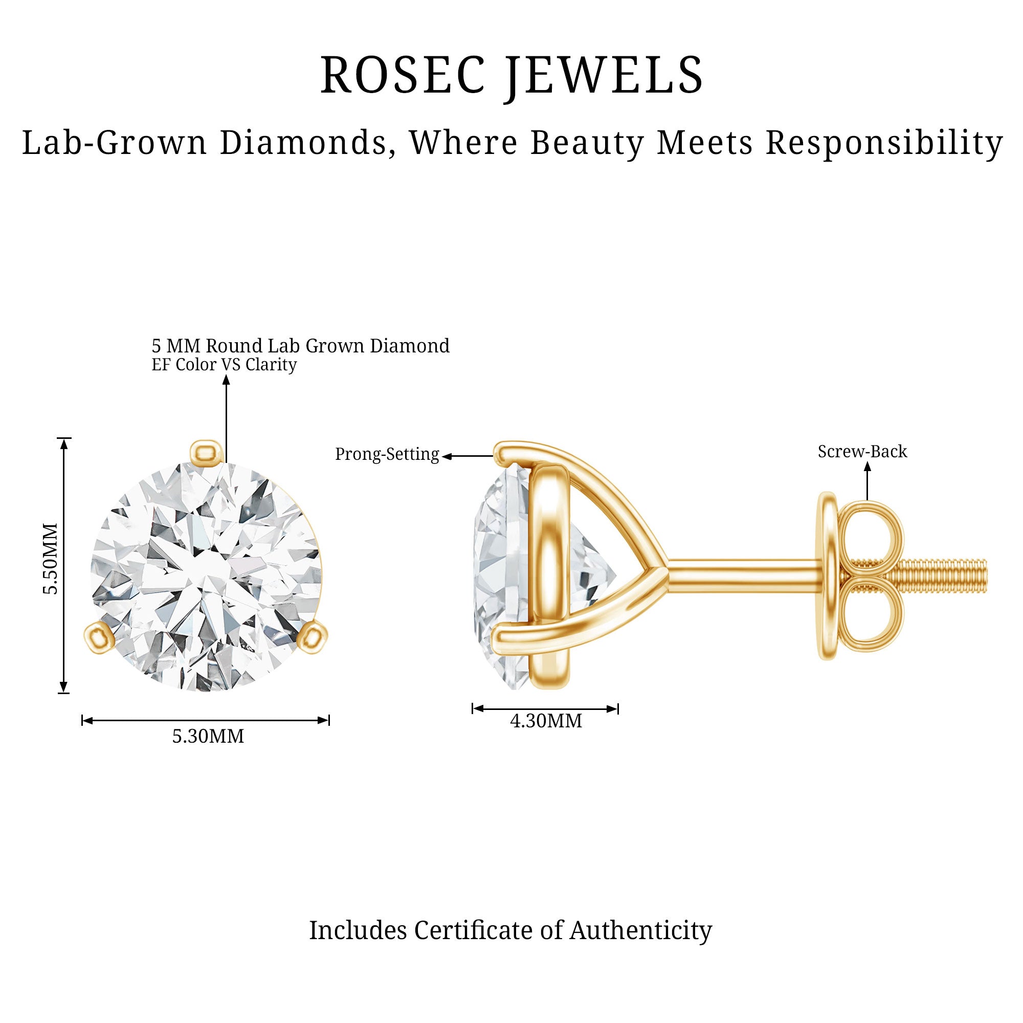 Solitaire Lab Grown Diamond Martini Stud Earrings Lab - ( EF-VS ) - Rosec Jewels