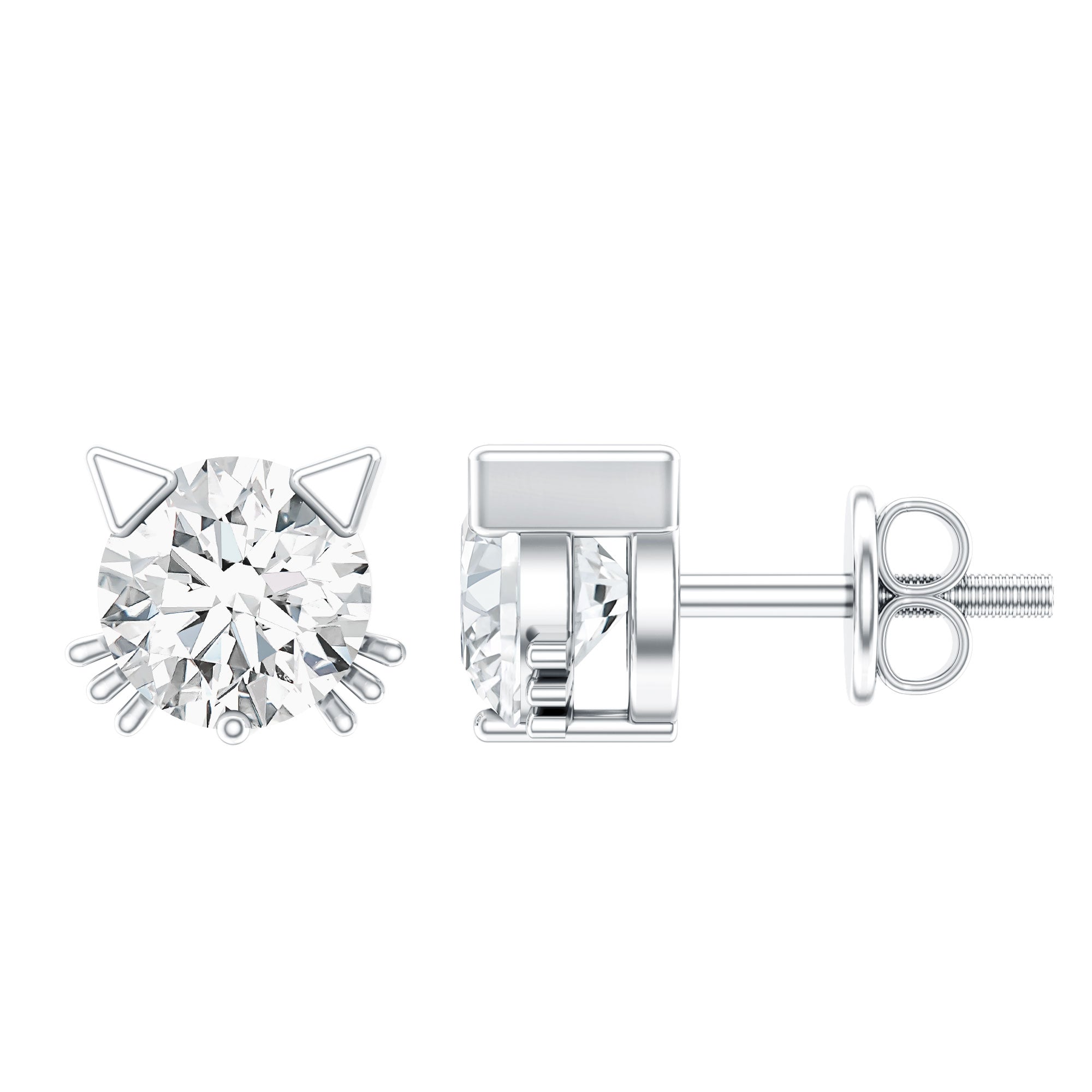 Cute Cat Stud Earrings with Lab Grown Diamond Lab - ( EF-VS ) - Rosec Jewels