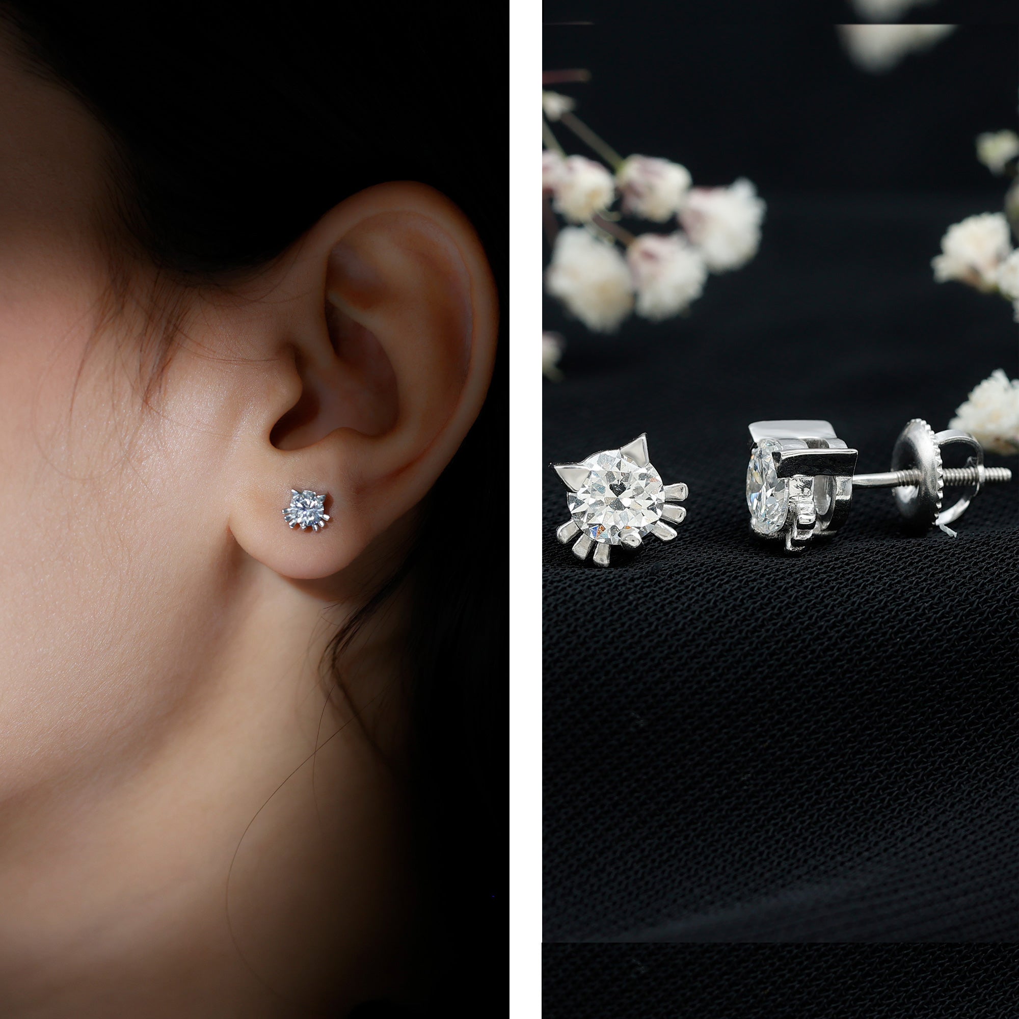 Cute Cat Stud Earrings with Lab Grown Diamond Lab - ( EF-VS ) - Rosec Jewels