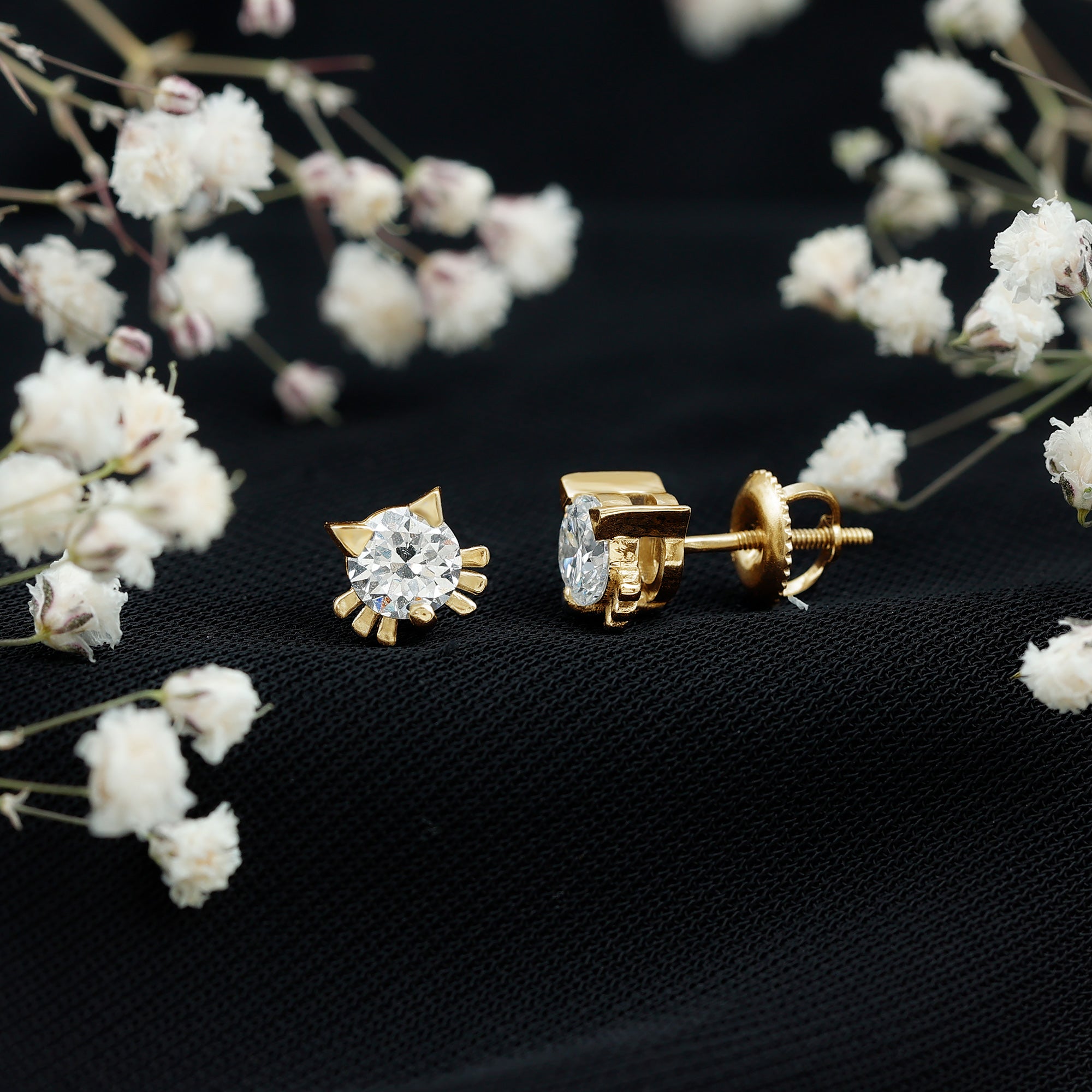 Cute Cat Stud Earrings with Lab Grown Diamond Lab - ( EF-VS ) - Rosec Jewels