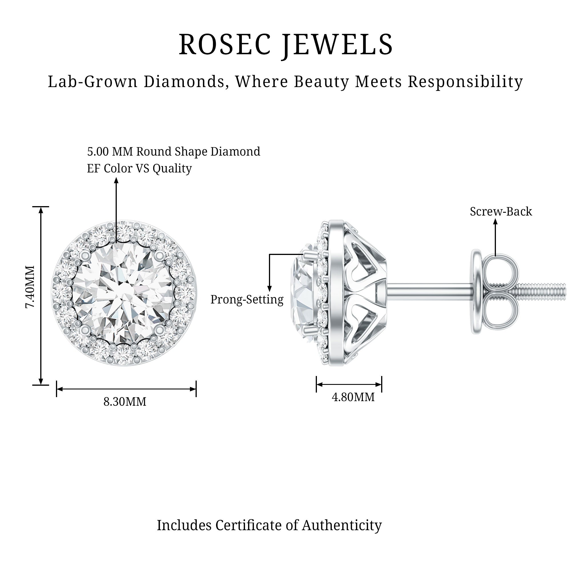 Classic Lab Grown Diamond Stud Earrings with Halo Lab - ( EF-VS ) - Rosec Jewels