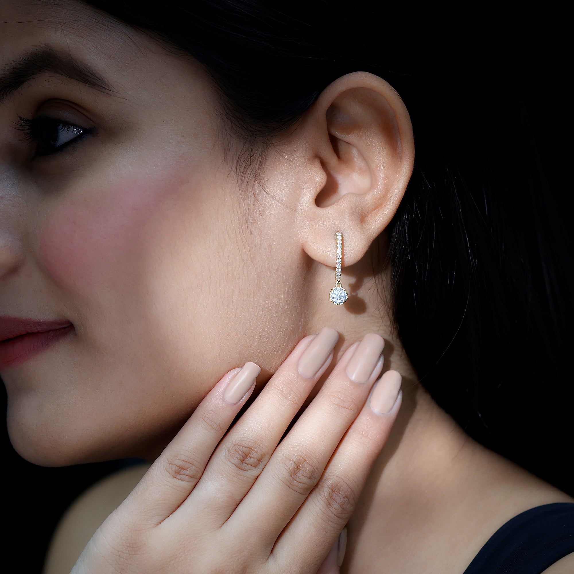 Lab Grown Diamond Minimal Hoop Drop Earrings Lab - ( EF-VS ) - Rosec Jewels