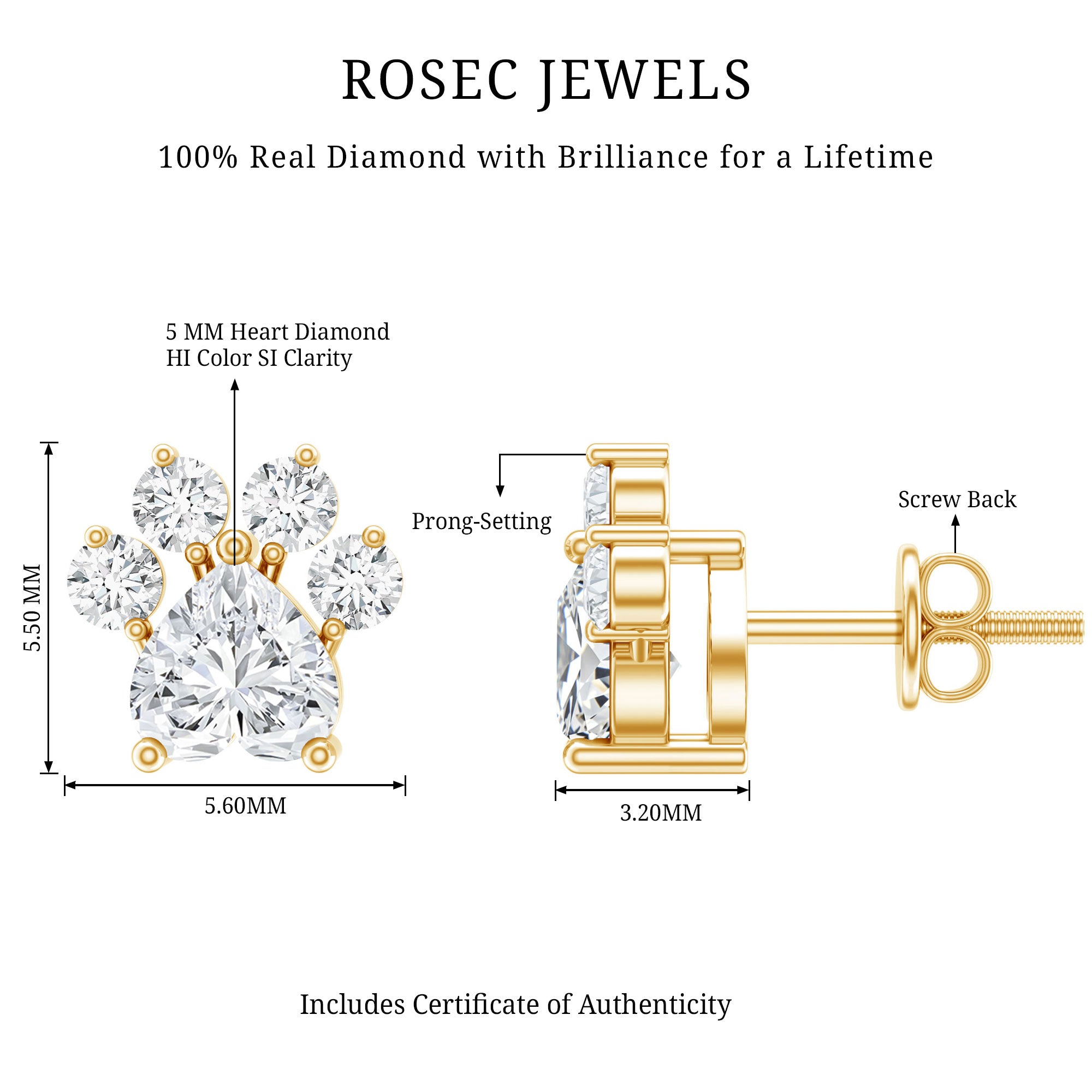 Natural Diamond Paw Stud Earrings for Women Natural - ( HI-SI ) - Rosec Jewels