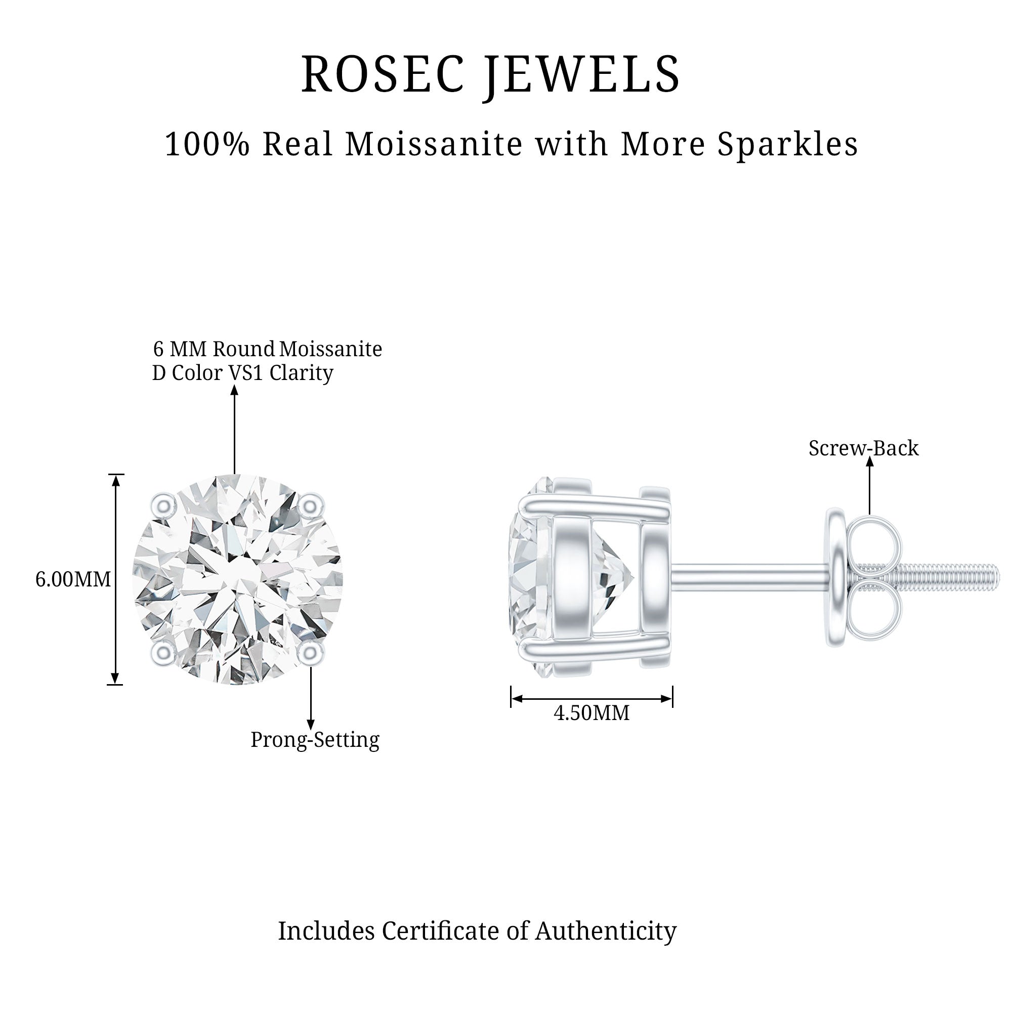 1.50 CT Moissanite Solitaire Stud Earrings D-VS1 - Rosec Jewels
