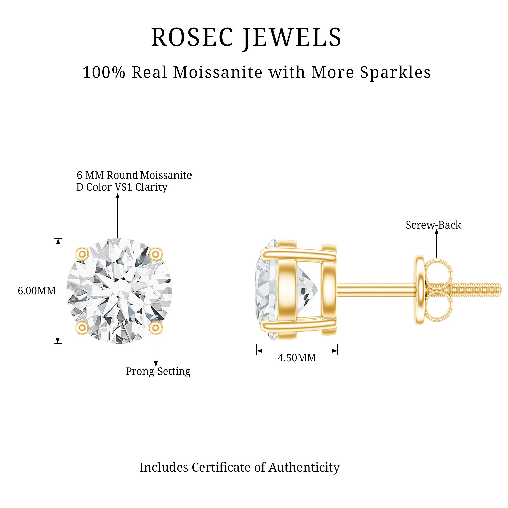1.50 CT Moissanite Solitaire Stud Earrings D-VS1 - Rosec Jewels