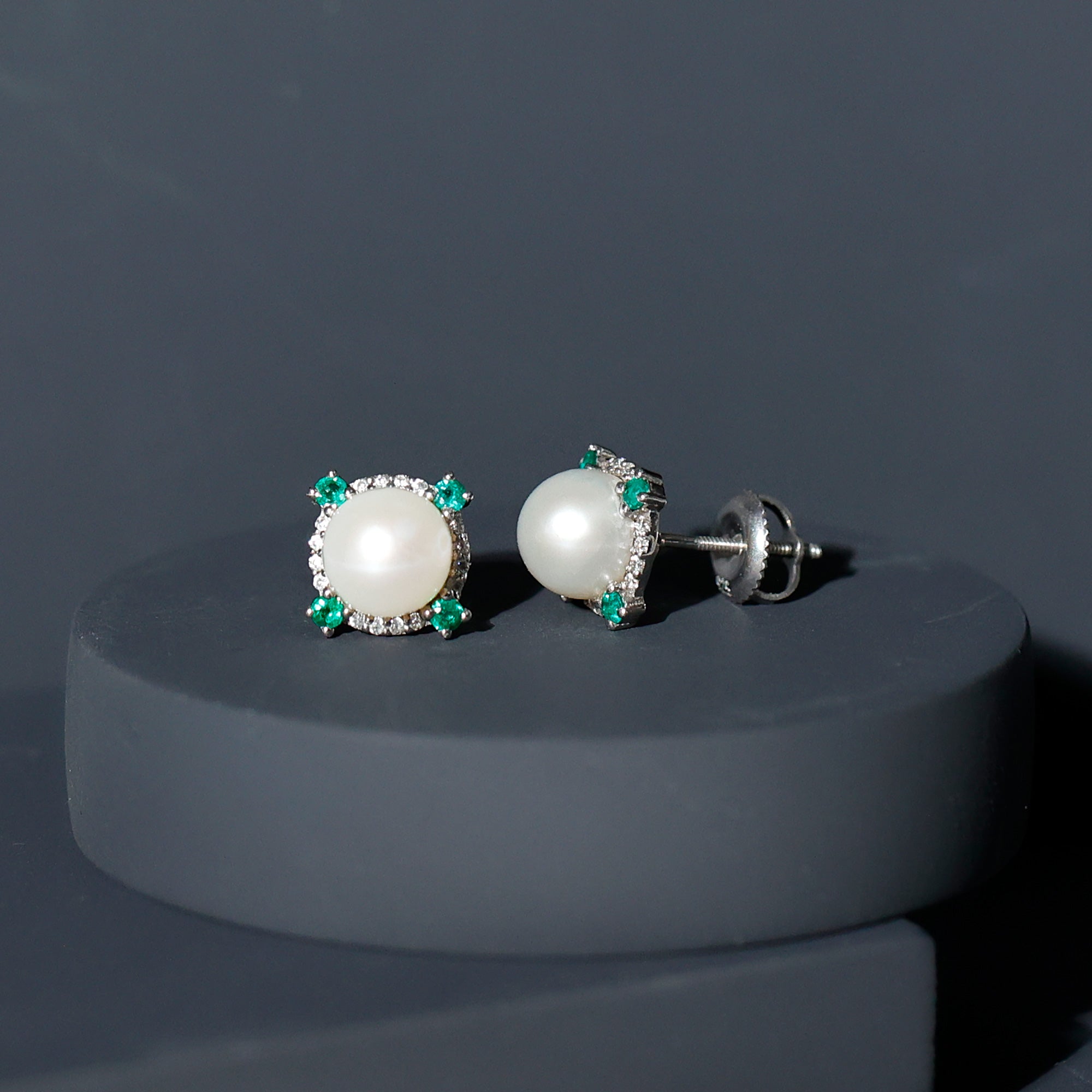 6 Carat Freshwater Pearl Bridal Stud Earrings with Emerald AAA - Rosec Jewels