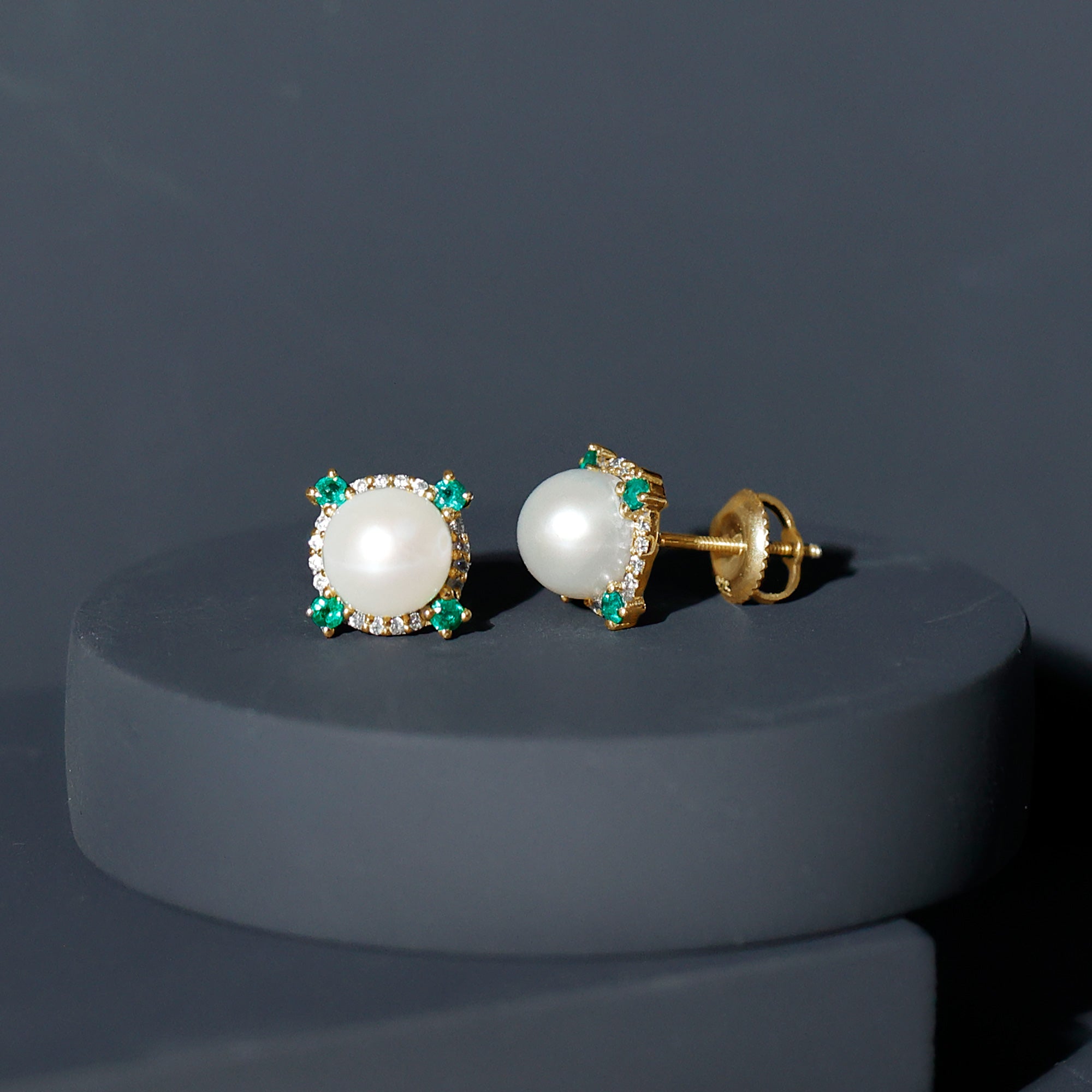 6 Carat Freshwater Pearl Bridal Stud Earrings with Emerald AAA - Rosec Jewels