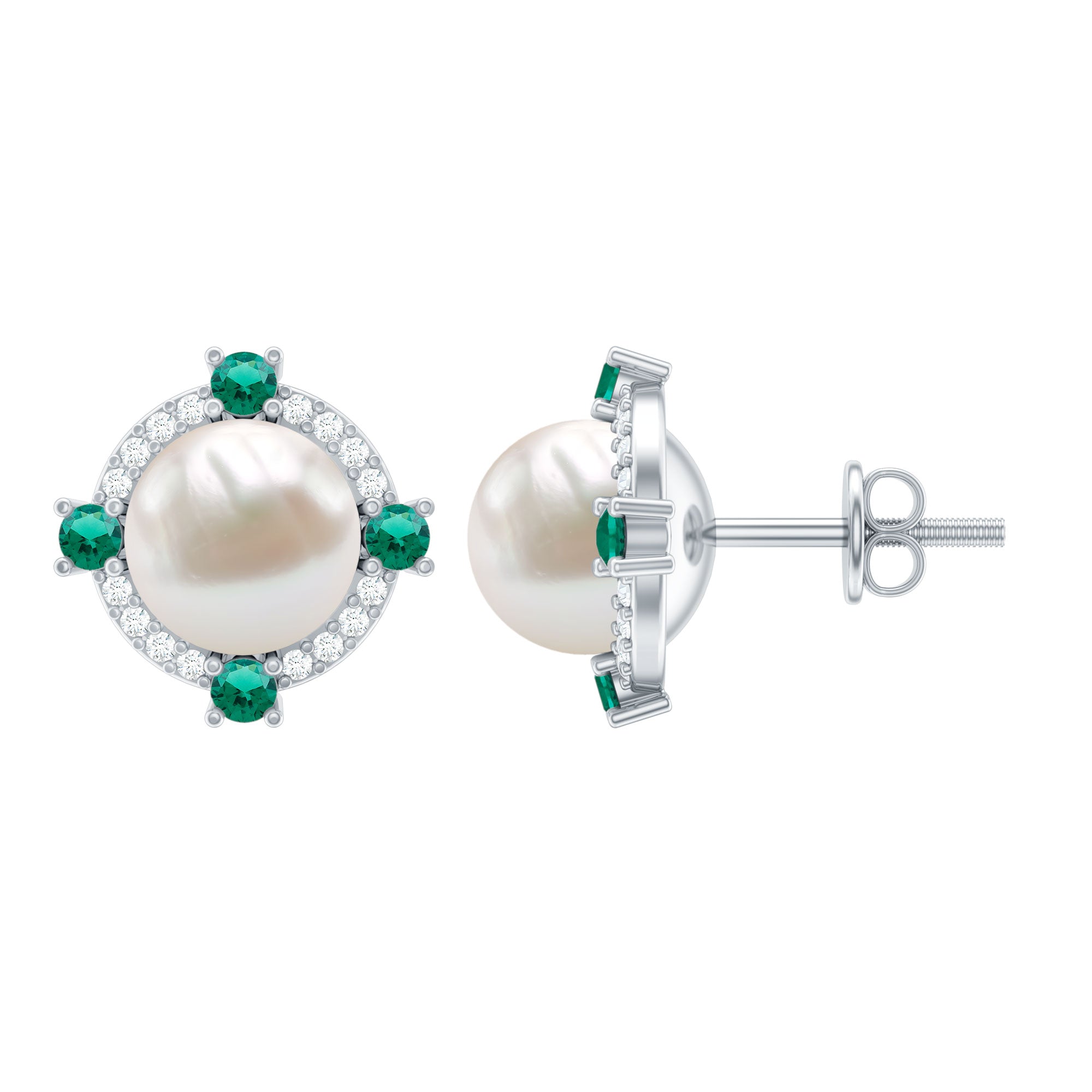 Freshwater Pearl Diamond Halo Stud Earrings with Created Emerald