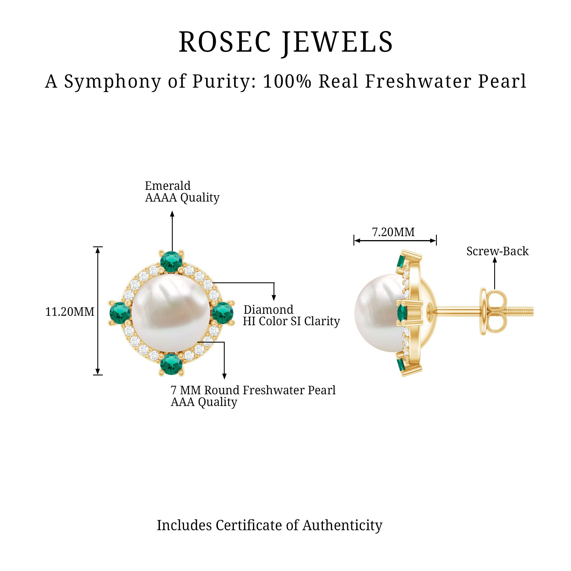 6 Carat Pearl Stud Earrings with Created Emerald and Diamond Halo AAA - Rosec Jewels