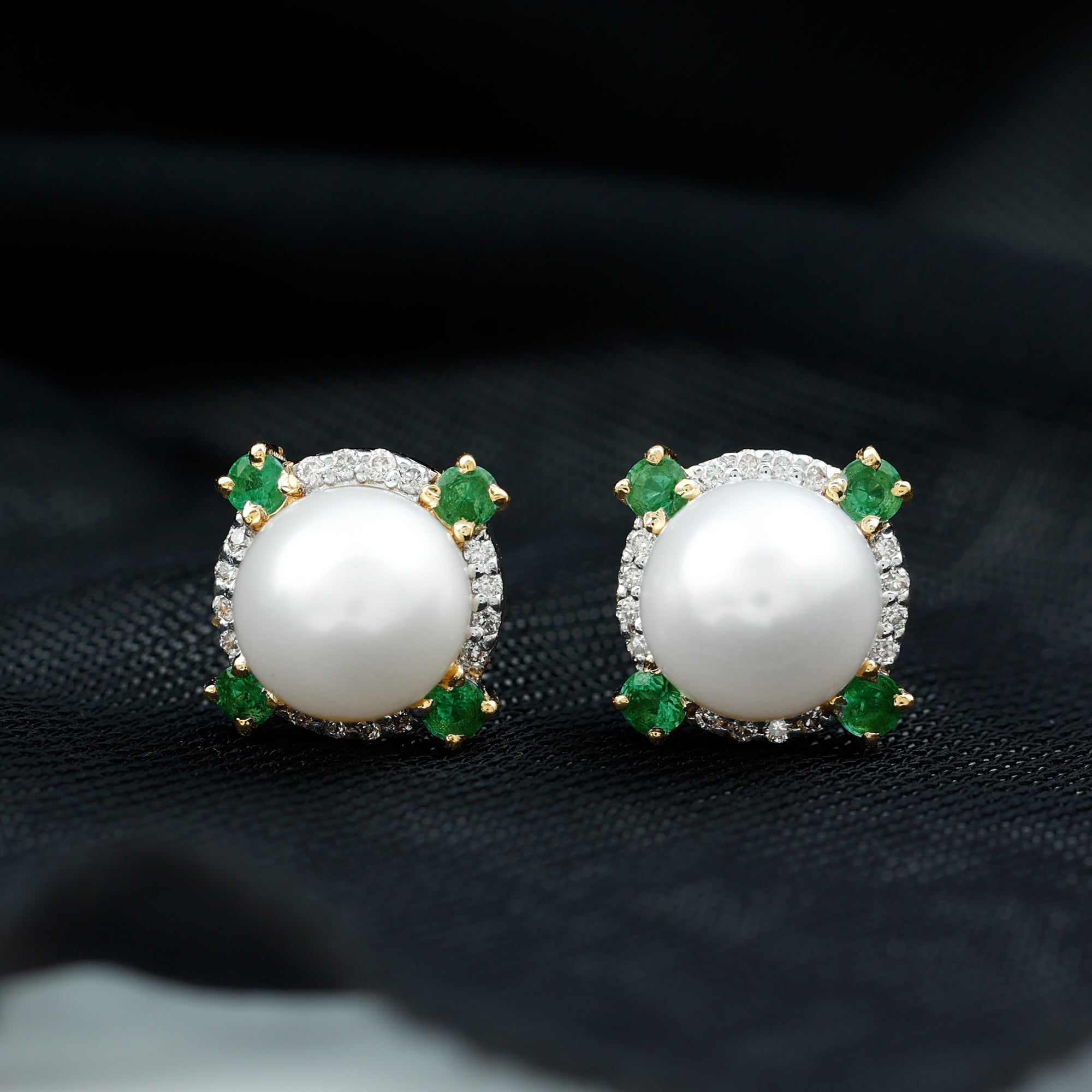 6 Carat Pearl Stud Earrings with Created Emerald and Diamond Halo AAA - Rosec Jewels