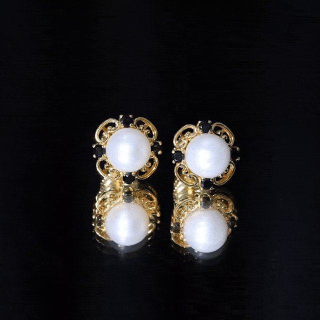 Vintage Style Freshwater Pearl and Black Onyx Stud Earrings AAA - Rosec Jewels