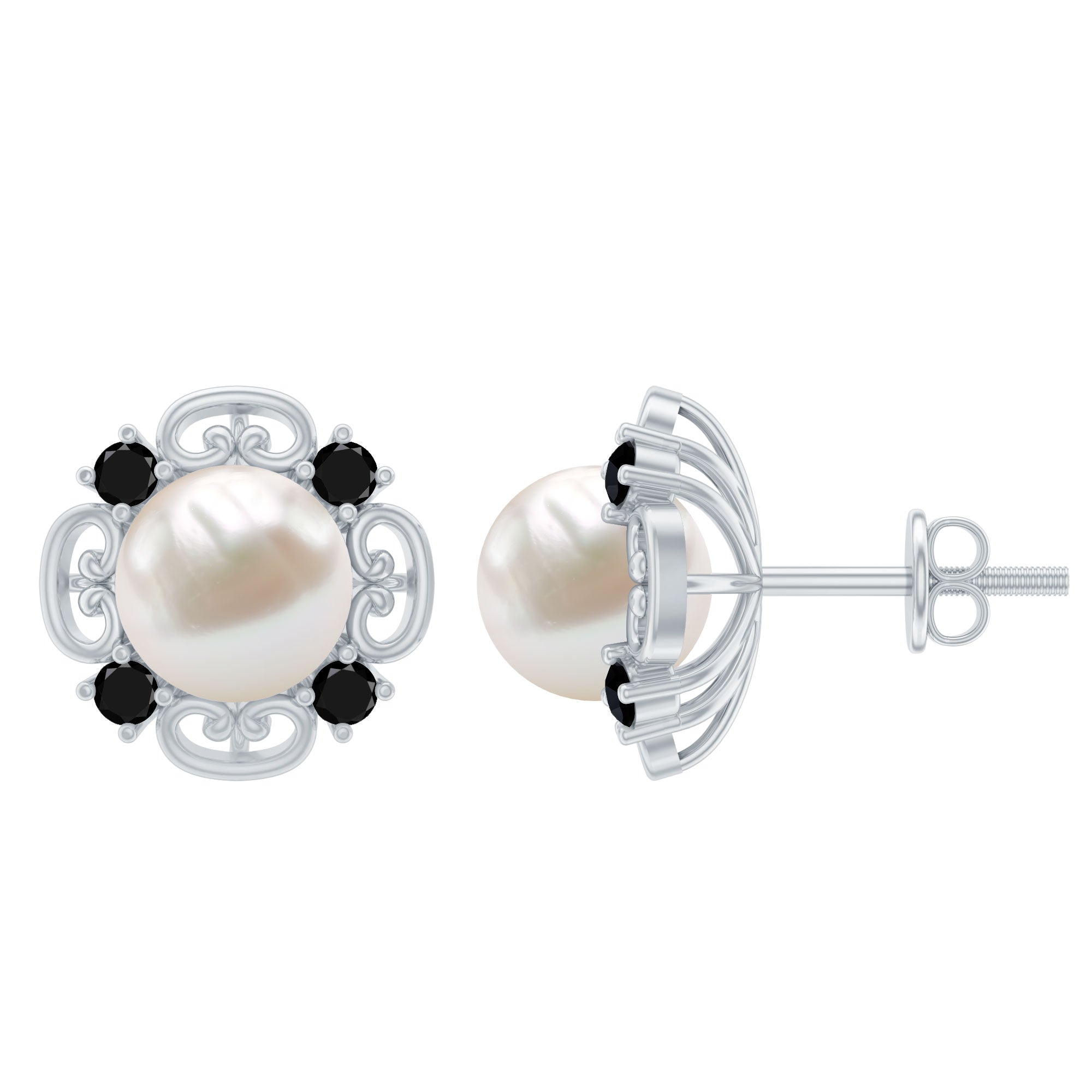 Vintage Style Freshwater Pearl and Black Onyx Stud Earrings AAA - Rosec Jewels