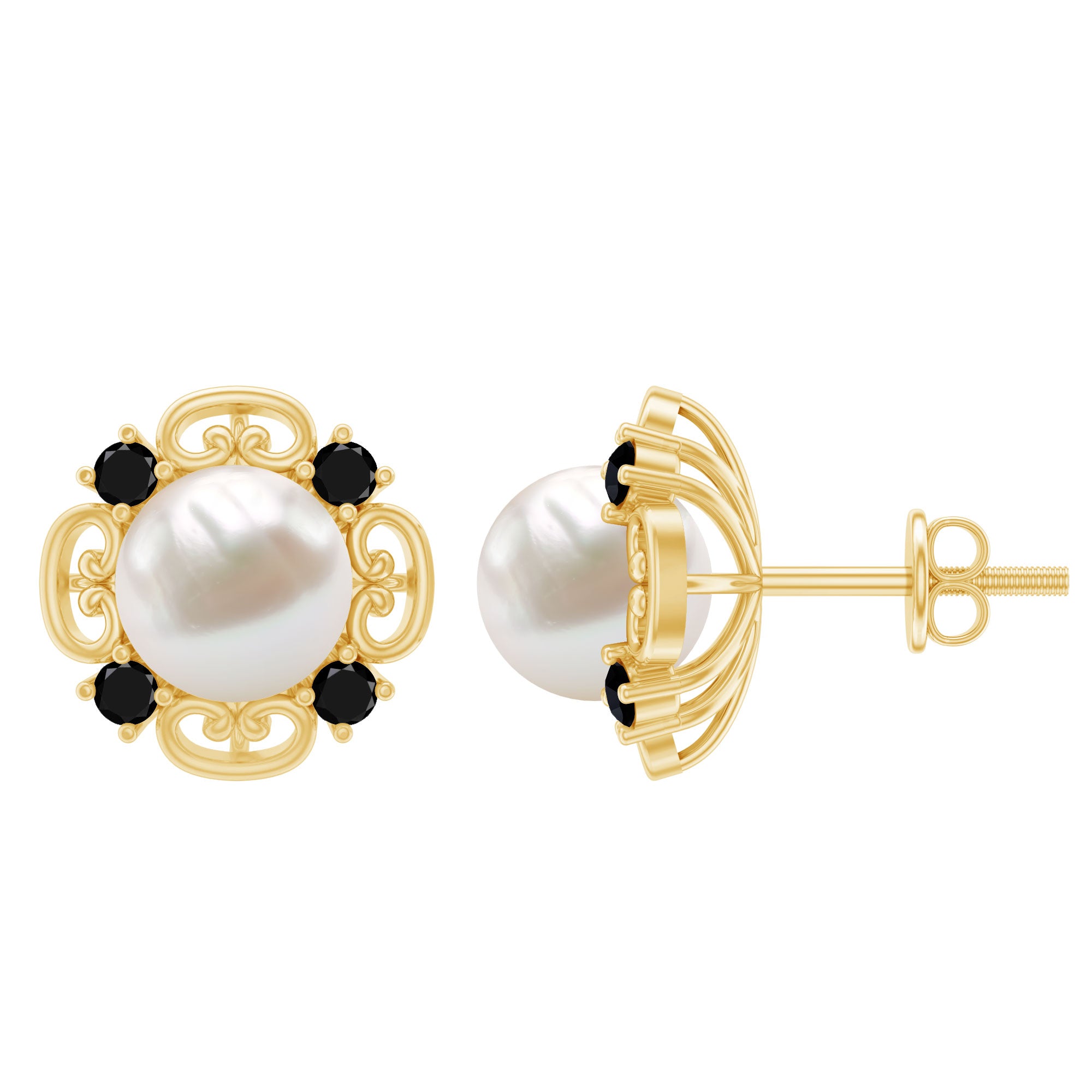 Vintage Style Freshwater Pearl and Black Onyx Stud Earrings AAA - Rosec Jewels