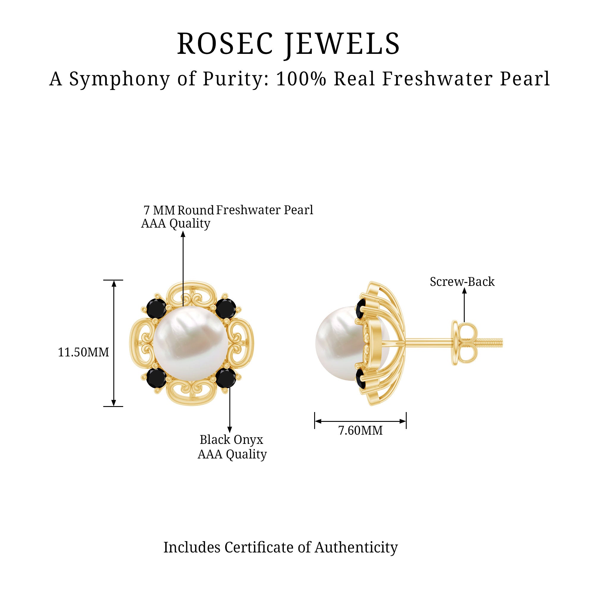 Vintage Style Freshwater Pearl and Black Onyx Stud Earrings AAA - Rosec Jewels