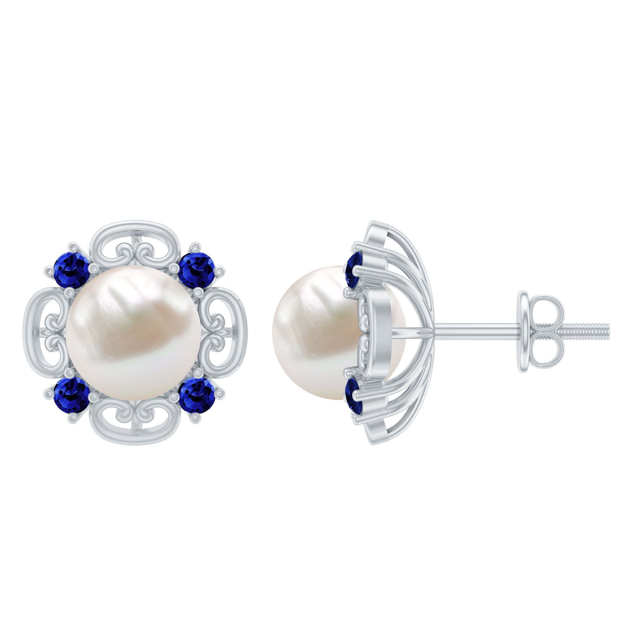 Vintage Freshwater Pearl Stud Earrings with Created Blue Sapphire AAA - Rosec Jewels