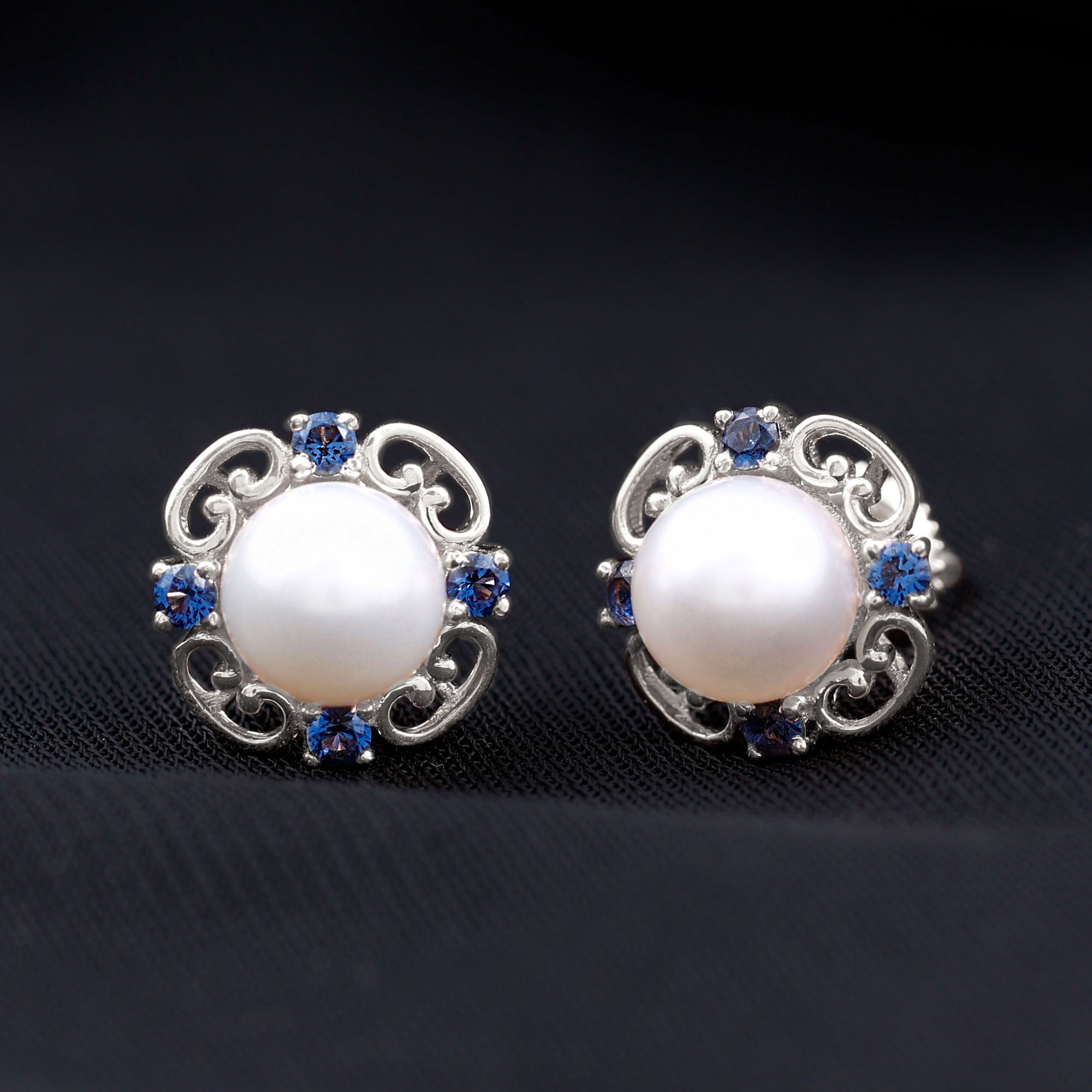 Vintage Freshwater Pearl Stud Earrings with Created Blue Sapphire AAA - Rosec Jewels
