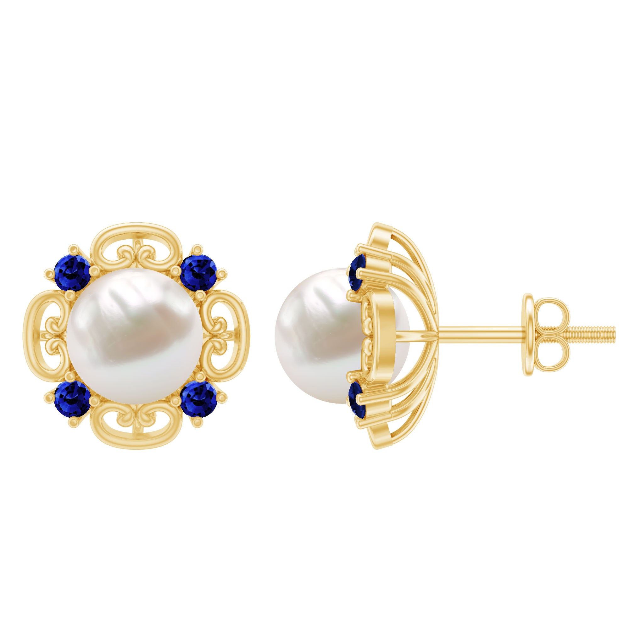 Vintage Freshwater Pearl Stud Earrings with Created Blue Sapphire AAA - Rosec Jewels