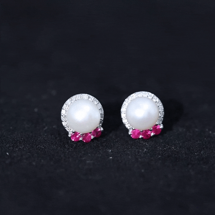 6 Carat Freshwater Pearl Stud Earrings with Ruby and Diamond Halo AAA - Rosec Jewels