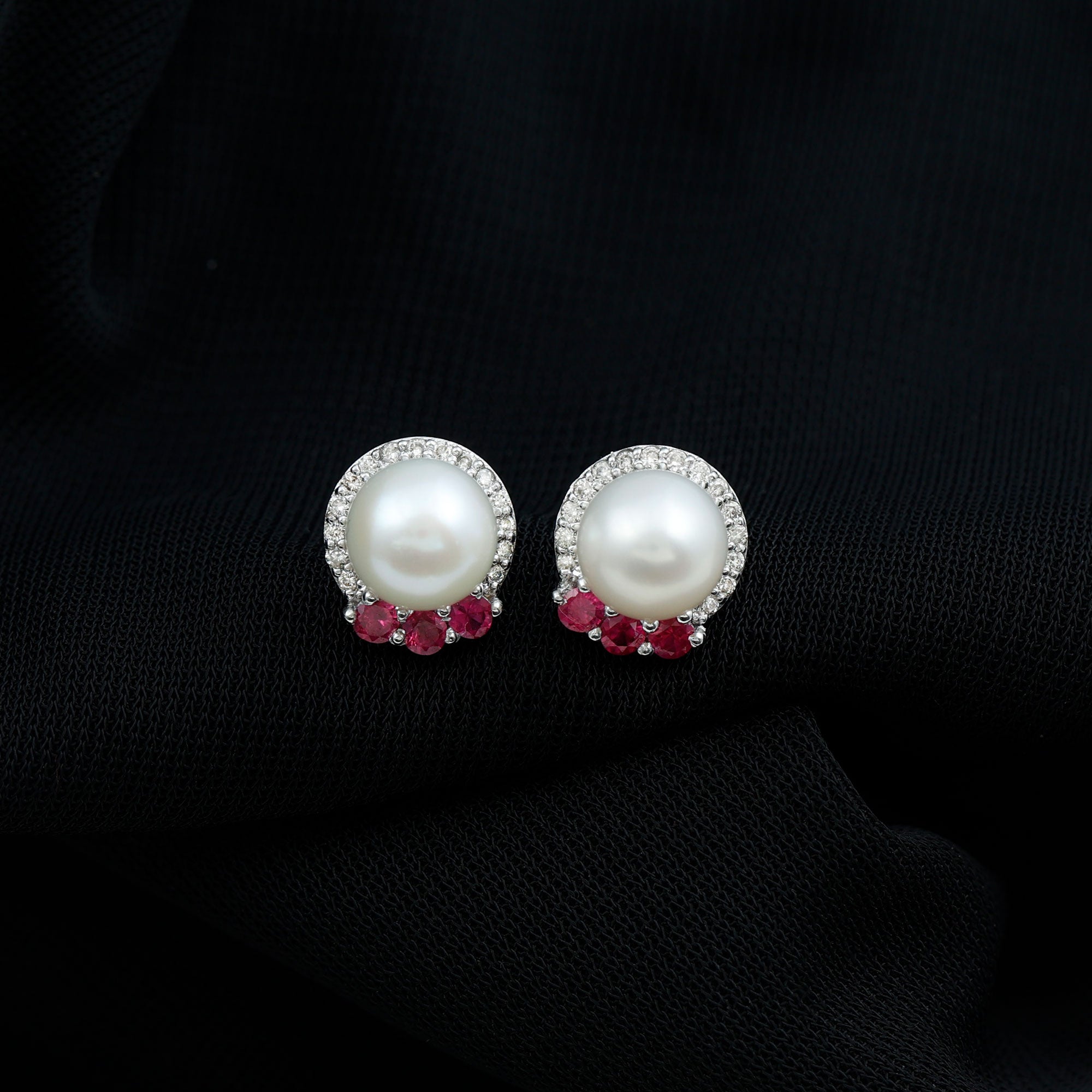 6 Carat Freshwater Pearl Stud Earrings with Ruby and Diamond Halo AAA - Rosec Jewels