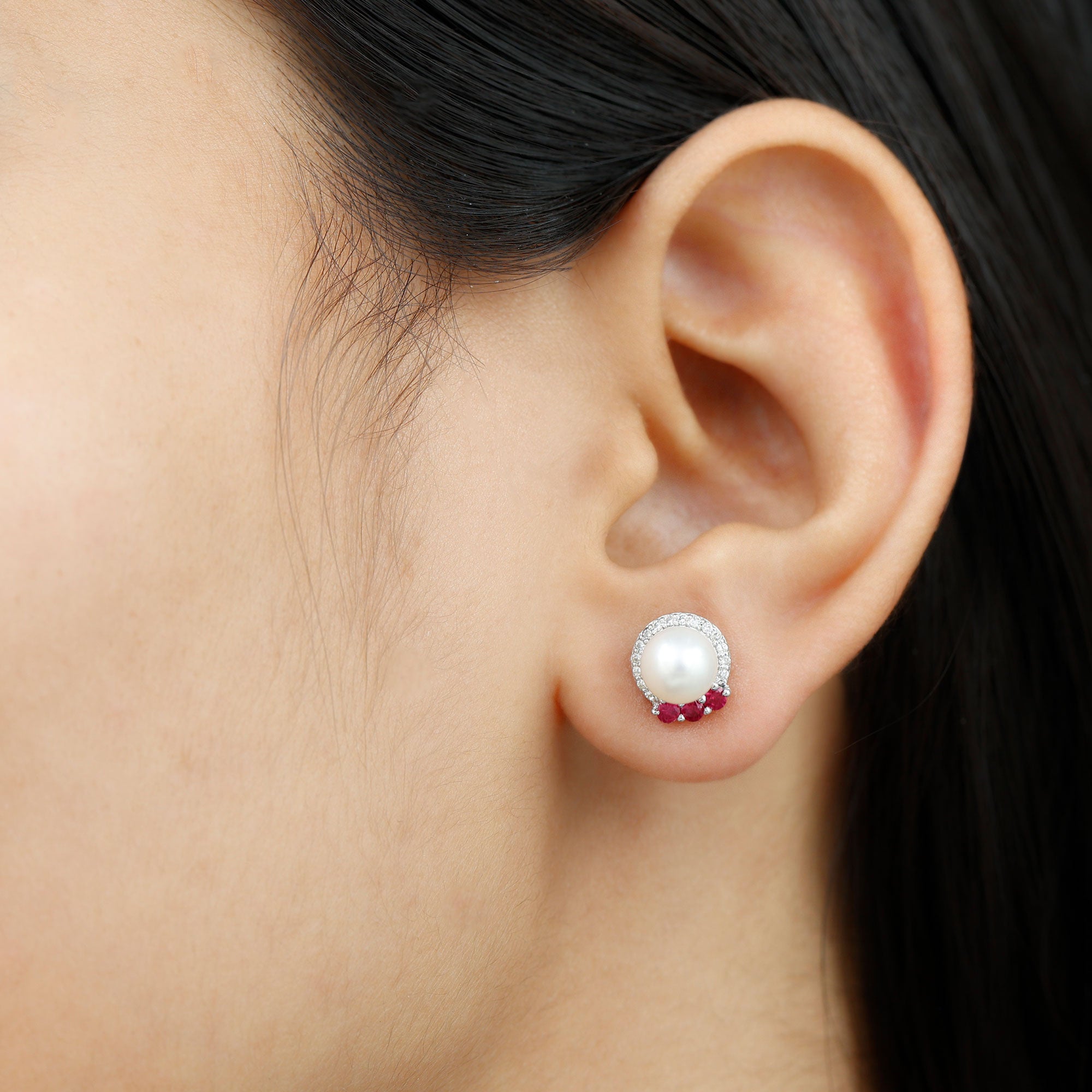 6 Carat Freshwater Pearl Stud Earrings with Ruby and Diamond Halo AAA - Rosec Jewels