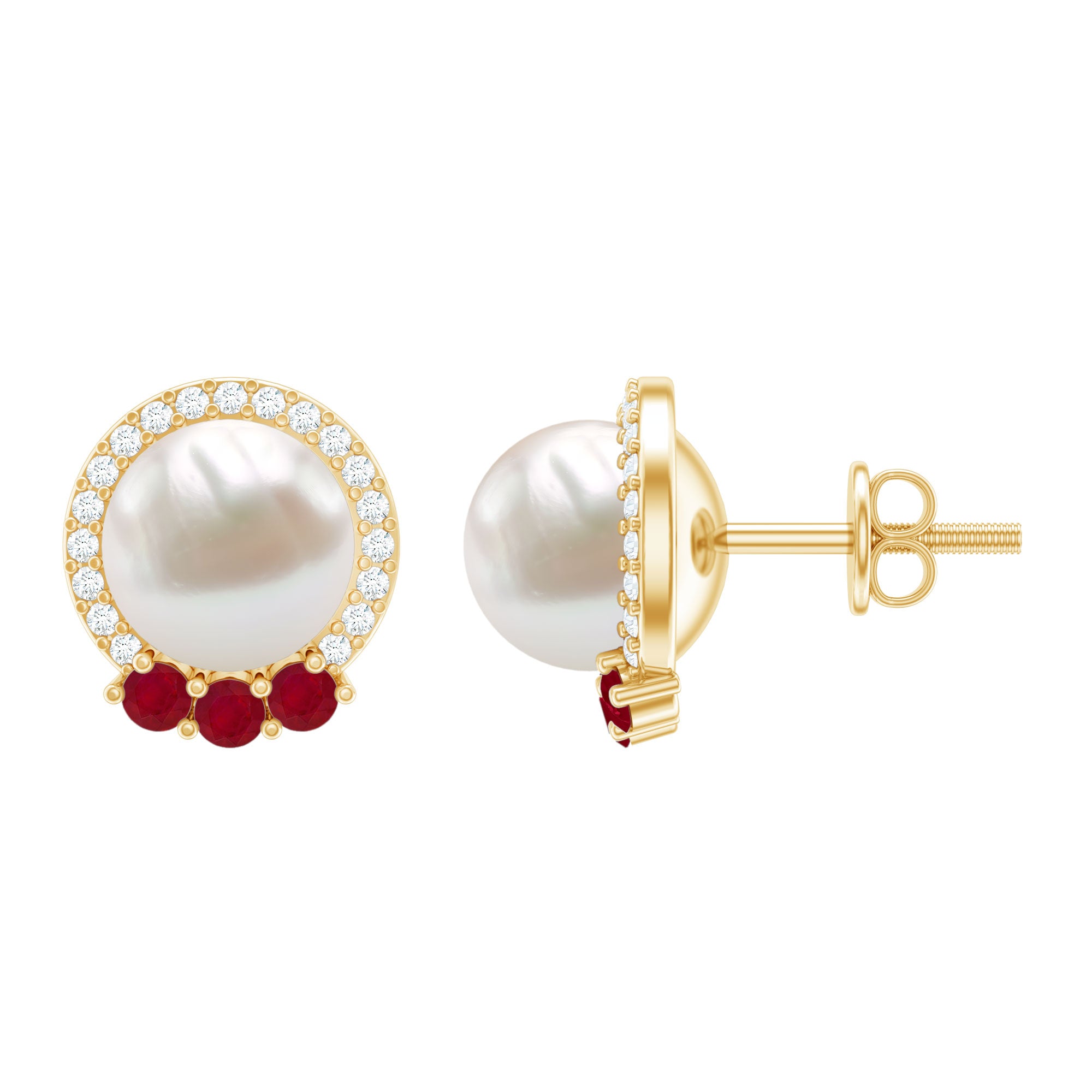 6 Carat Freshwater Pearl Stud Earrings with Ruby and Diamond Halo AAA - Rosec Jewels