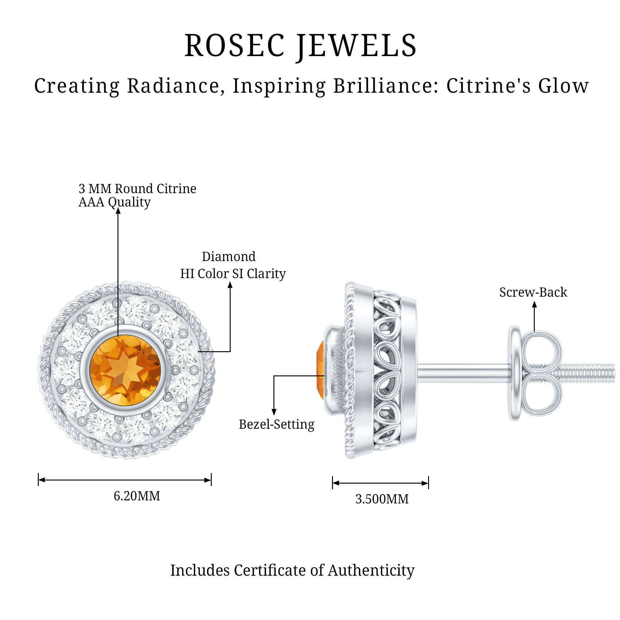 Round Citrine Halo Stud Earrings with Diamonds AAA - Rosec Jewels