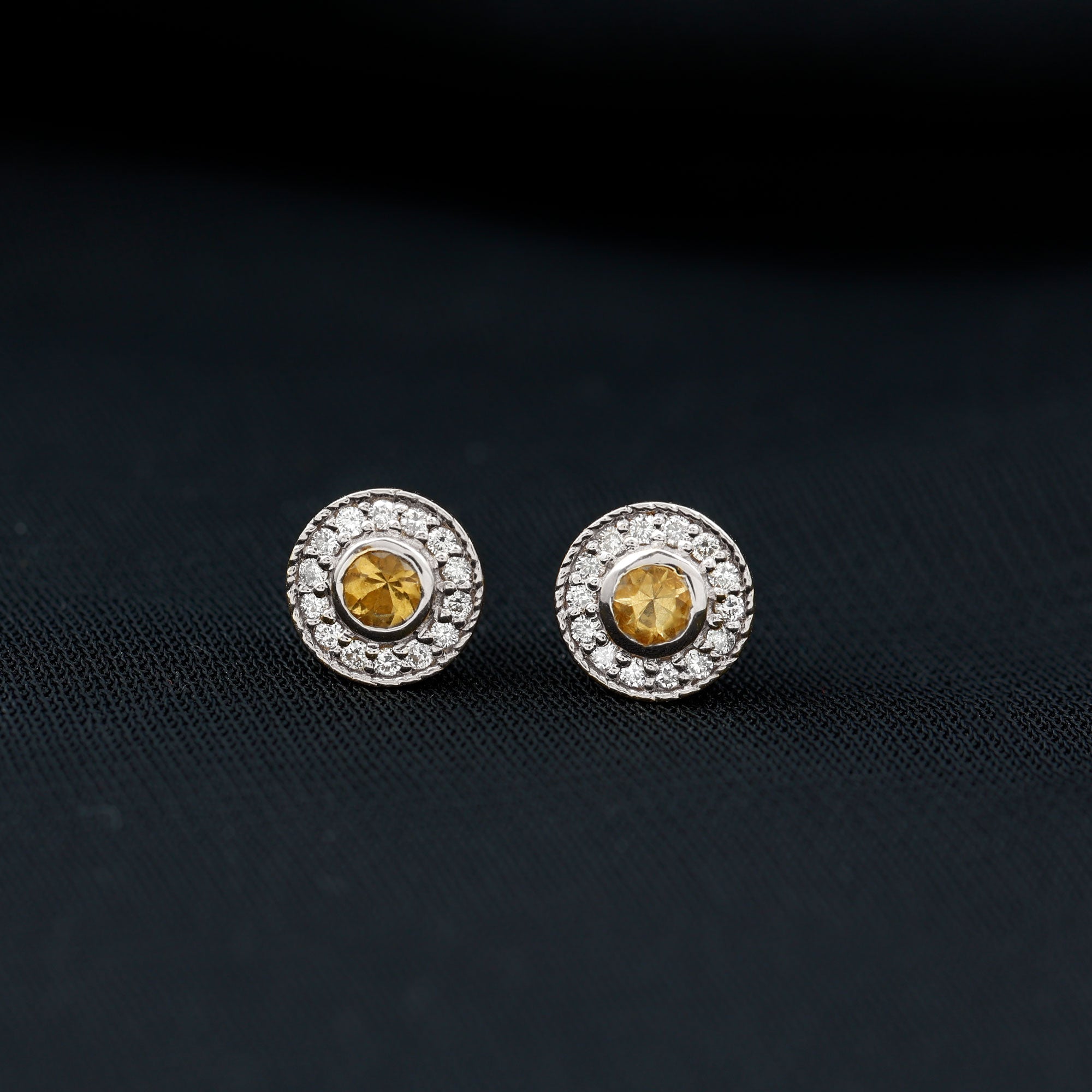Round Citrine Halo Stud Earrings with Diamonds AAA - Rosec Jewels