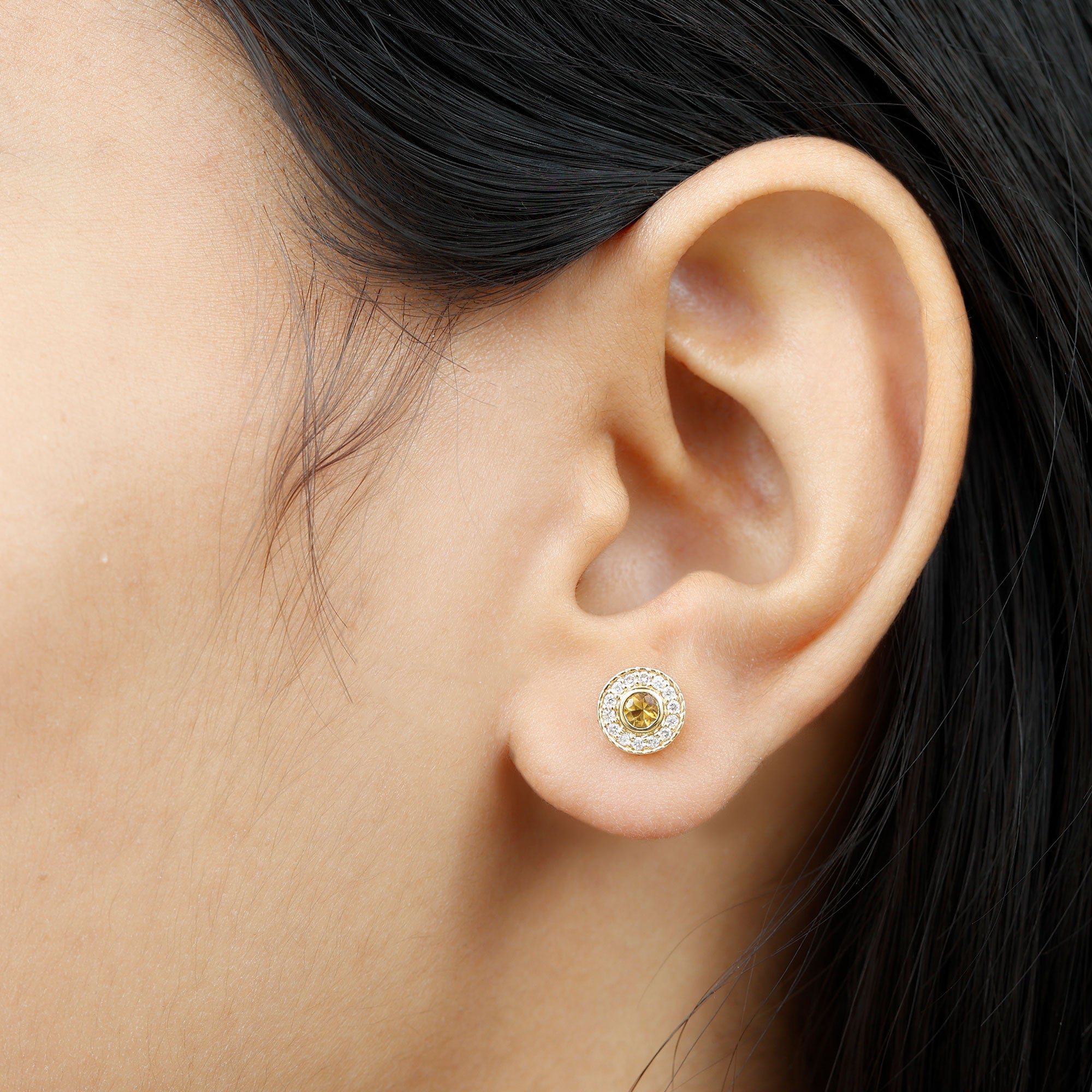 Round Citrine Halo Stud Earrings with Diamonds AAA - Rosec Jewels