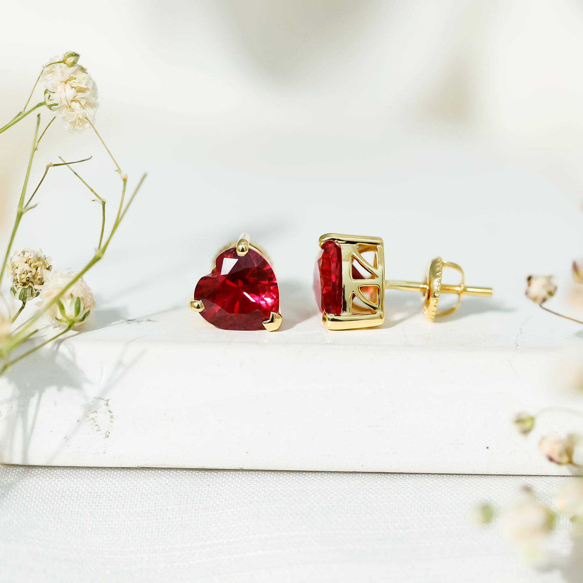 Heart Shape Lab Created Ruby Solitaire Stud Earrings AAAA - Rosec Jewels