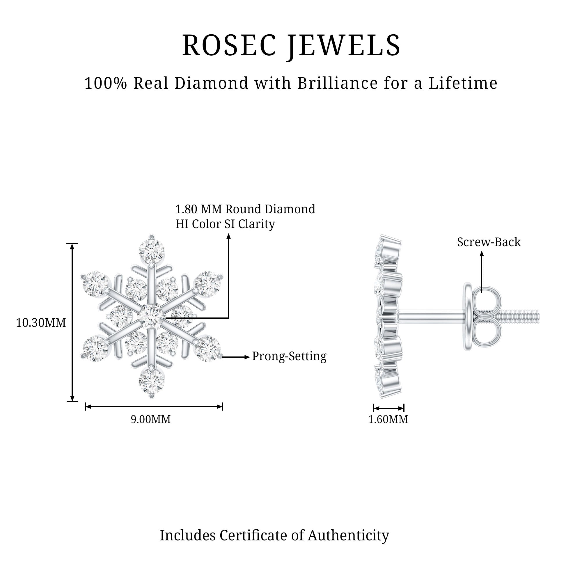 Certified Diamond Snowflake Stud Earrings with Screw Back Natural - ( HI-SI ) - Rosec Jewels