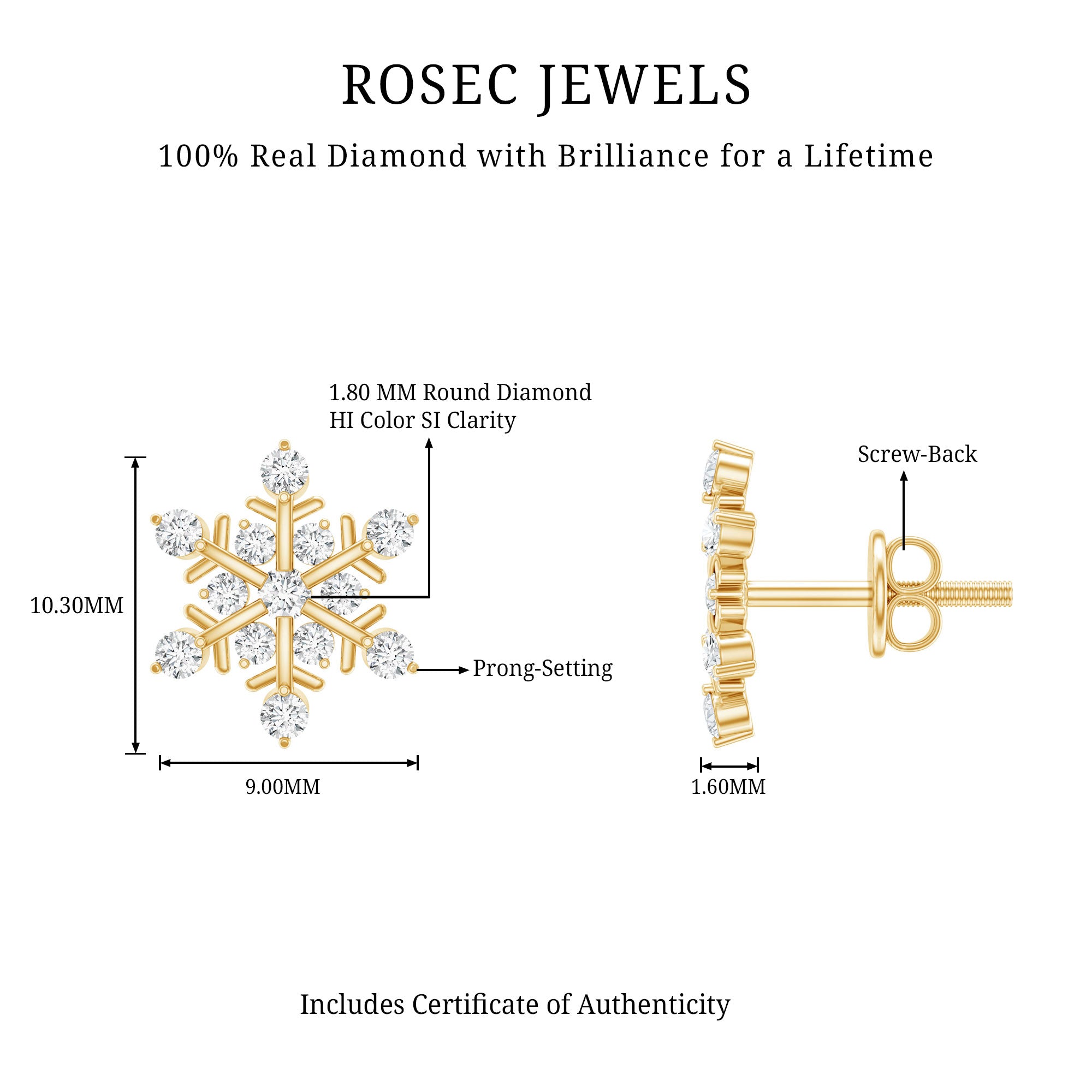 Certified Diamond Snowflake Stud Earrings with Screw Back Natural - ( HI-SI ) - Rosec Jewels