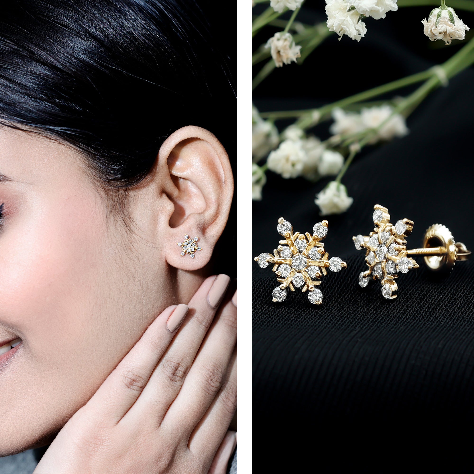 Certified Diamond Snowflake Stud Earrings with Screw Back Natural - ( HI-SI ) - Rosec Jewels