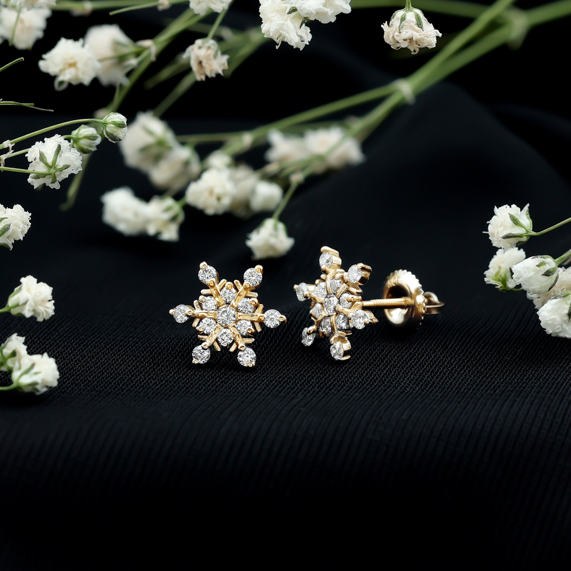 Certified Diamond Snowflake Stud Earrings with Screw Back Natural - ( HI-SI ) - Rosec Jewels