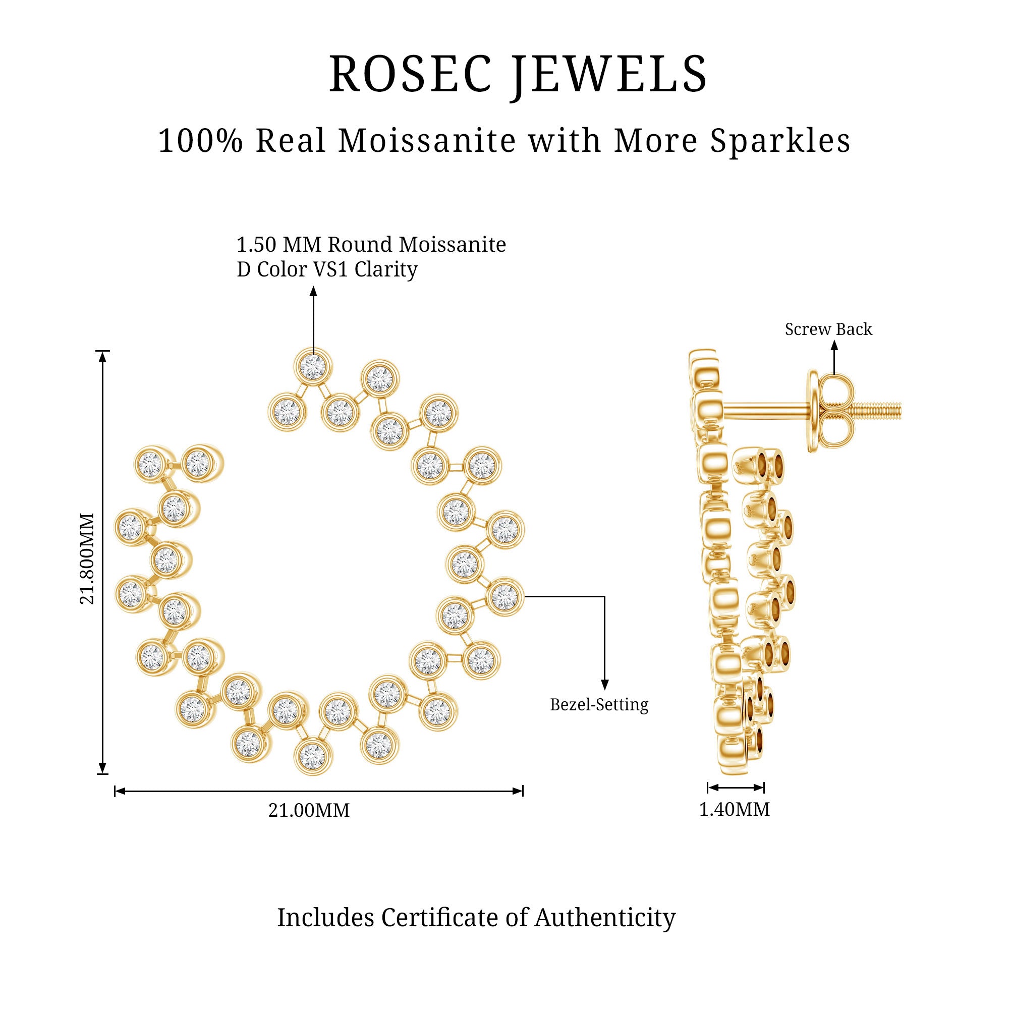 Certified Moissanite Big Stud Earrings For Women D-VS1 - Rosec Jewels