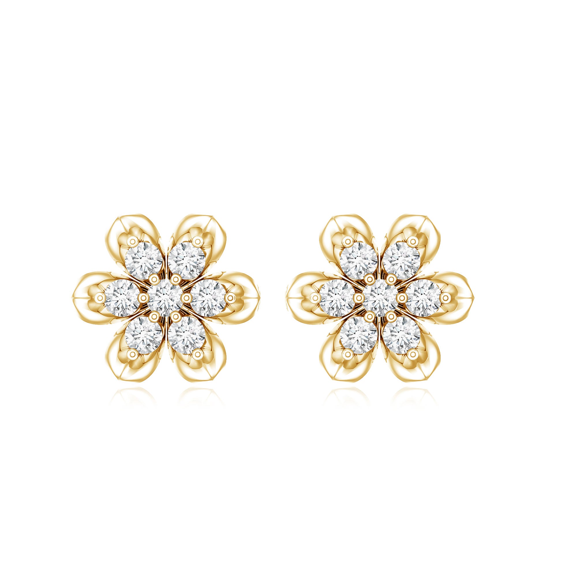 Brilliant Cut Diamond Flower Stud Earrings with Screw Back Natural - ( HI-SI ) - Rosec Jewels