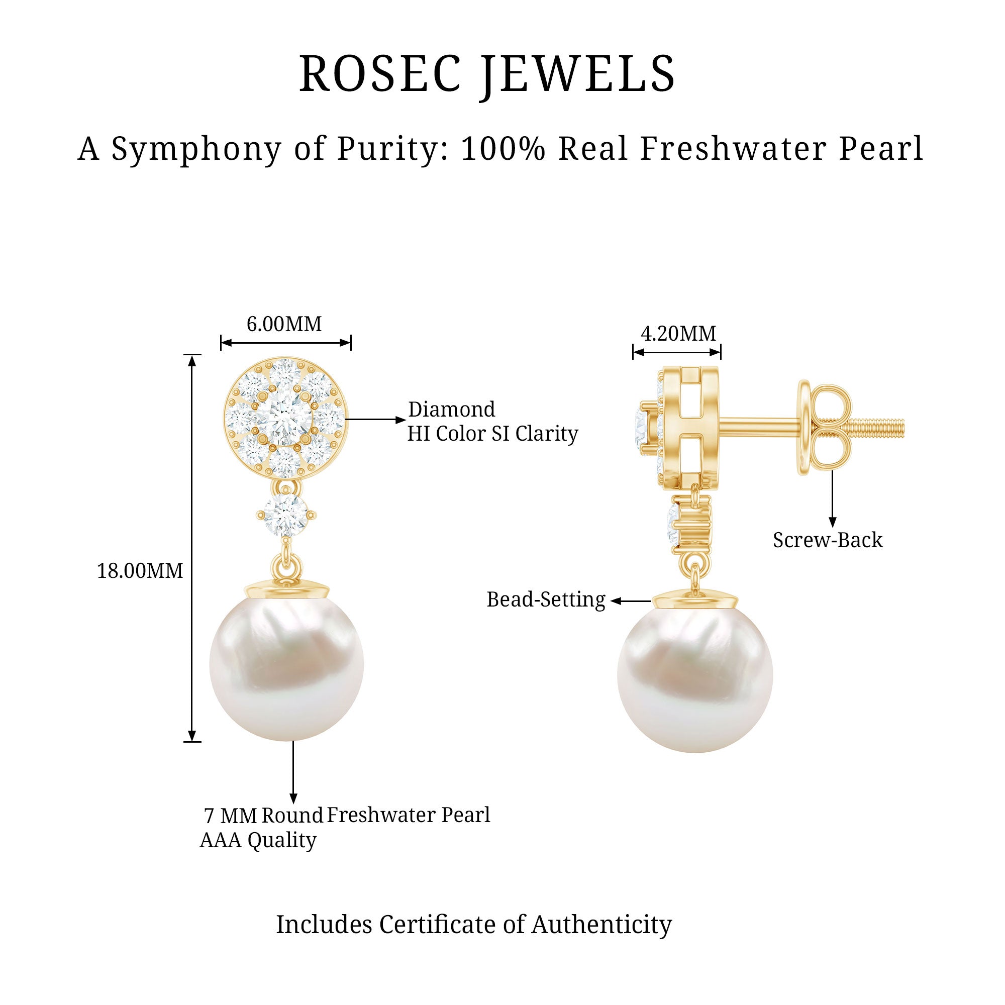 Genuine 6 Carat Freshwater Cultured Pearl Drop Earrings with Diamonds AAA - Rosec Jewels